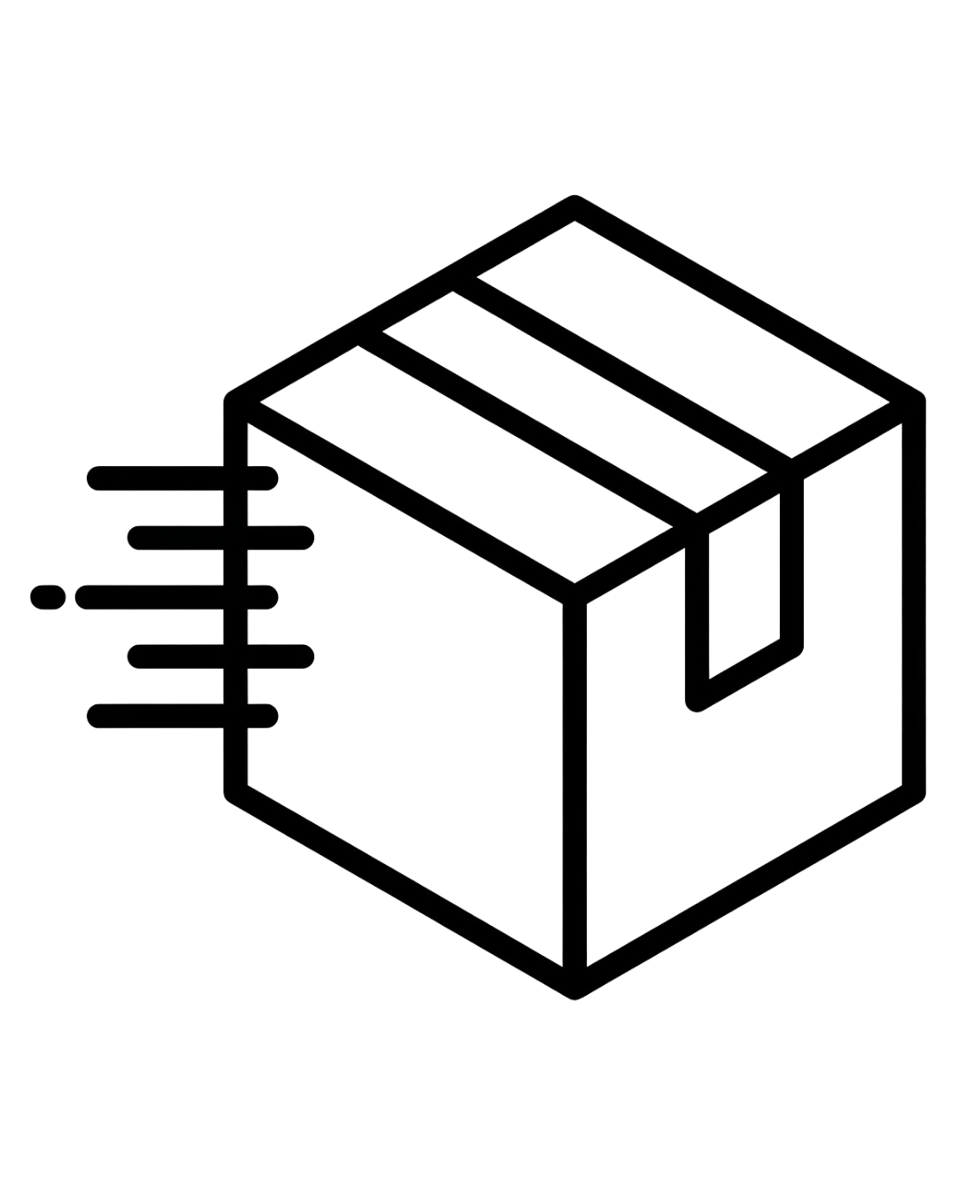 Line drawing of a cardboard box with blowing air and motion lines indicating it is floating or moving.