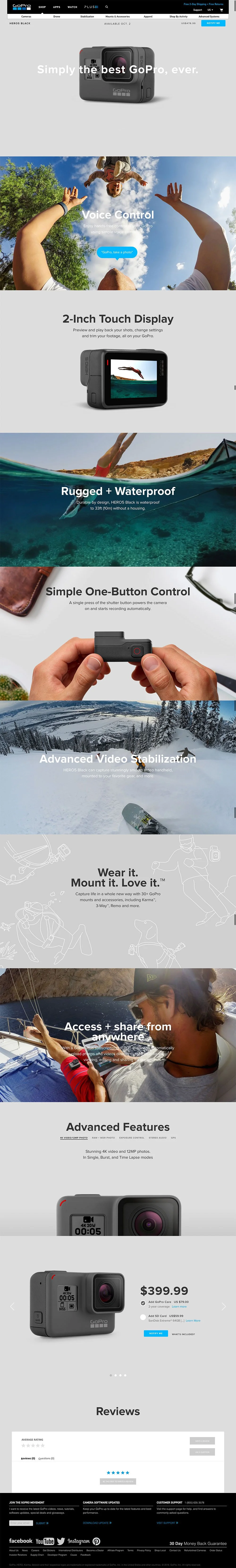 An advertisement webpage featuring a GoPro camera, showcasing features like voice control, 2-inch touch display, rugged waterproof design, one-button control, advanced video stabilization, and connectivity options. The page includes images of the cam