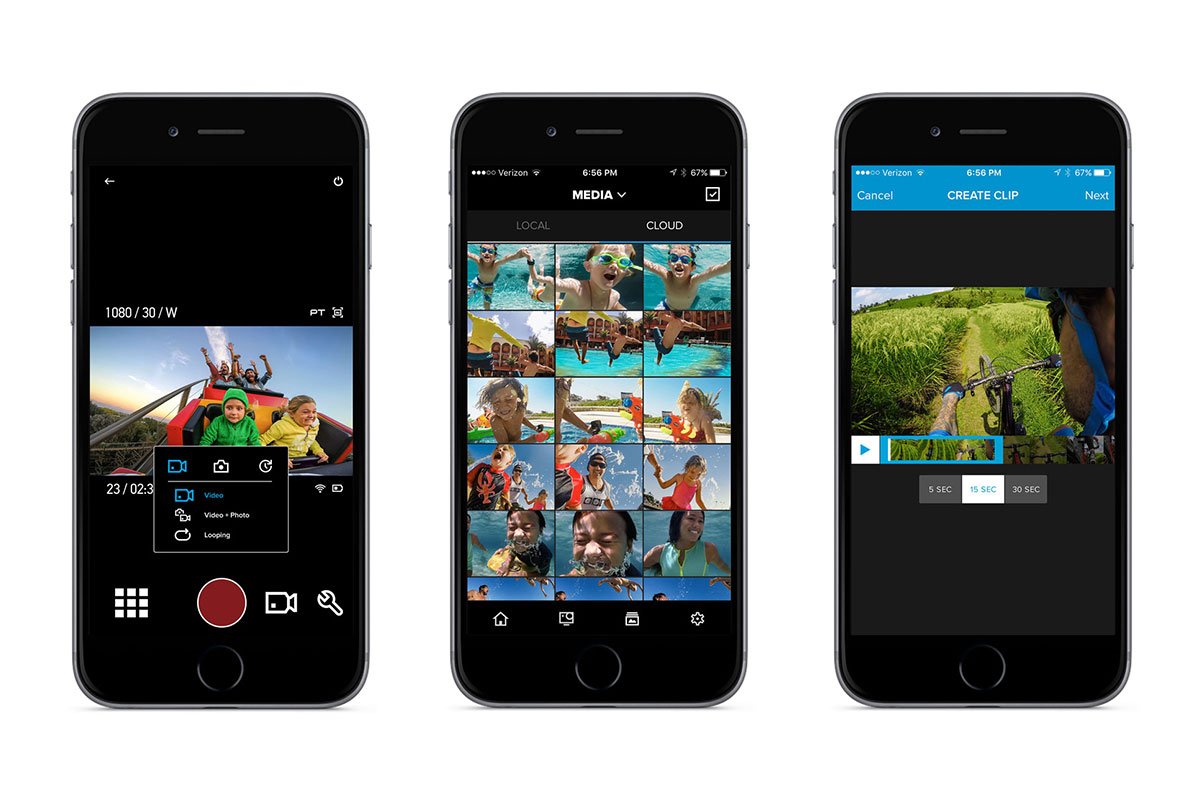 Three smartphones displaying video editing apps. The left phone shows a video recording interface with a scene of children riding a roller coaster. The middle phone shows a media library with photos of children swimming and playing outdoors. The right phone shows a video editing timeline with a clip of a person riding a bicycle through a green field.