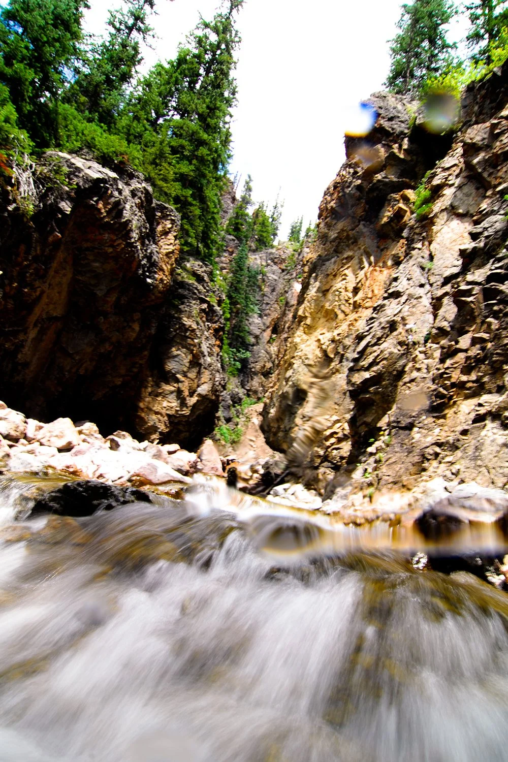 A rocky canyon with a stream flowing through it, surrounded by green trees and a bright sky.
