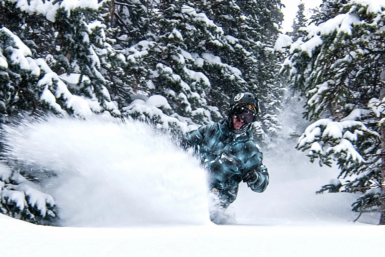 Person snowboarding through a snowy forested trail, kicking up snow while wearing a helmet and winter gear.