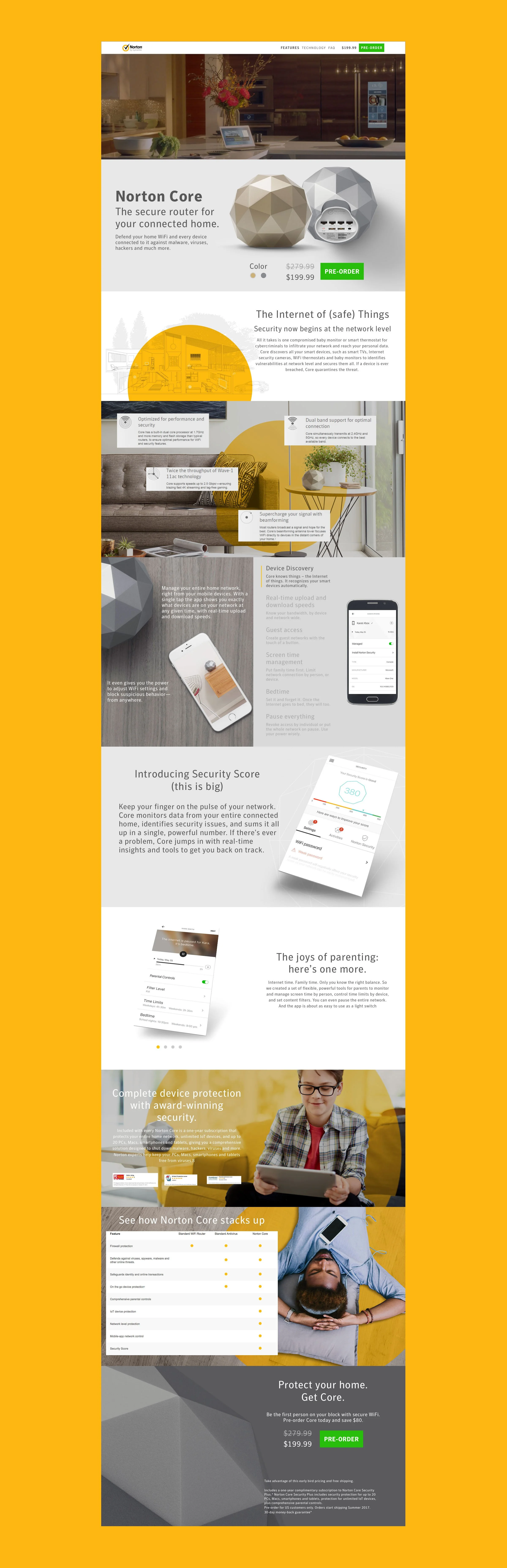 Norton Core product webpage featuring a router with a geometric design, section about internet security and device protection, and images of a child using a tablet and a person lying on a couch with a smartphone.