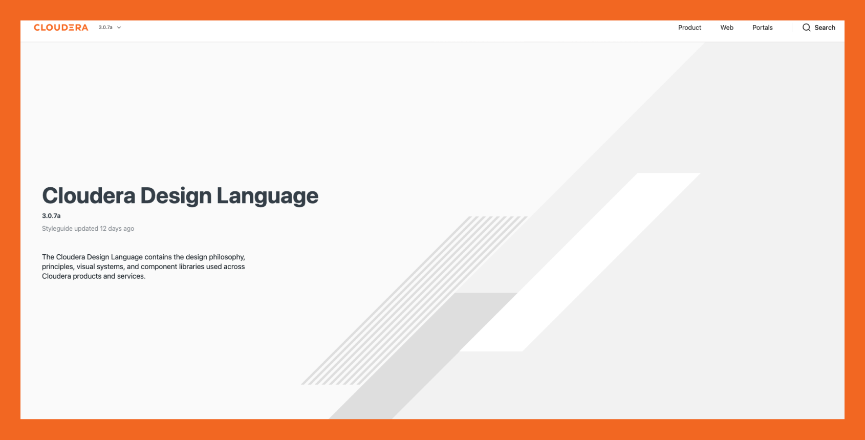 Screenshot of a webpage titled 'Cloudera Design Language' with a white background, gray diagonal graphic, and an orange border. The Nav bar includes links for Product, Web, Portals, and a search icon.
