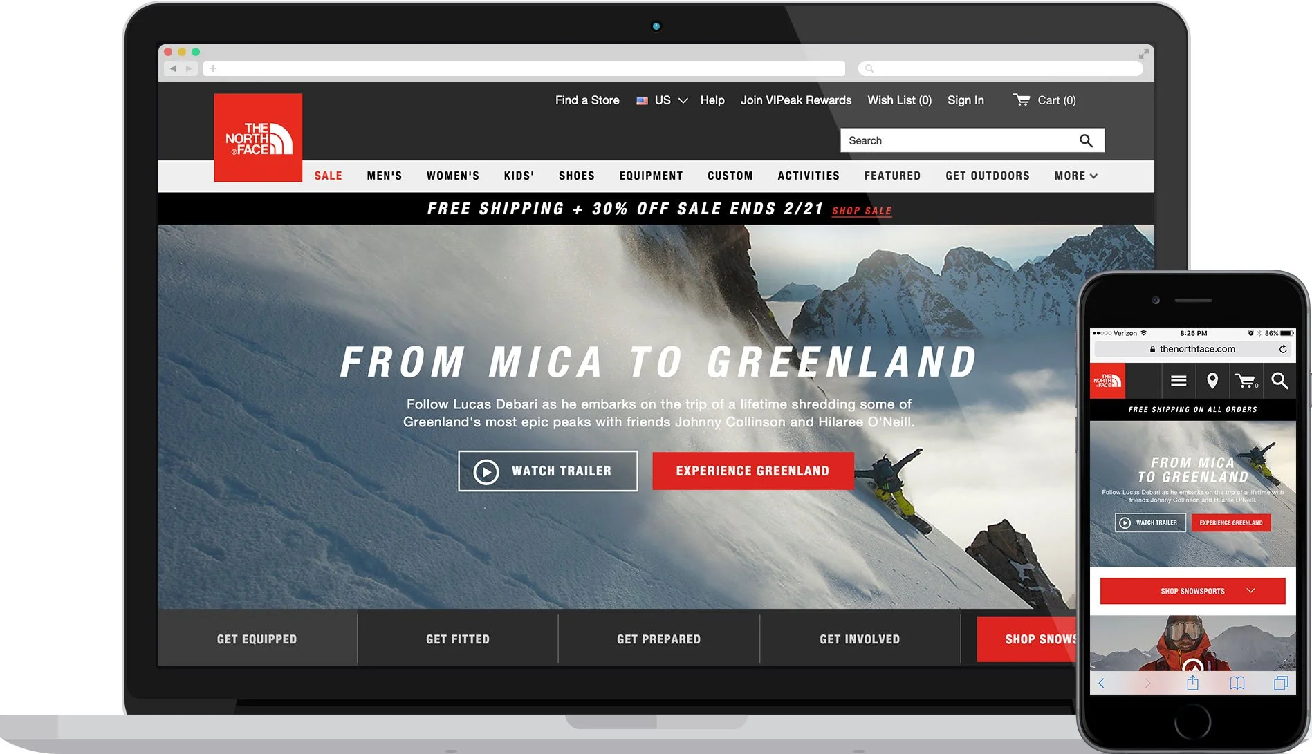 Screenshot of The North Face website showing a promotional trip to Greenland with snowy mountains, a snow-covered slope, a skier in yellow gear, and webpage navigation elements.