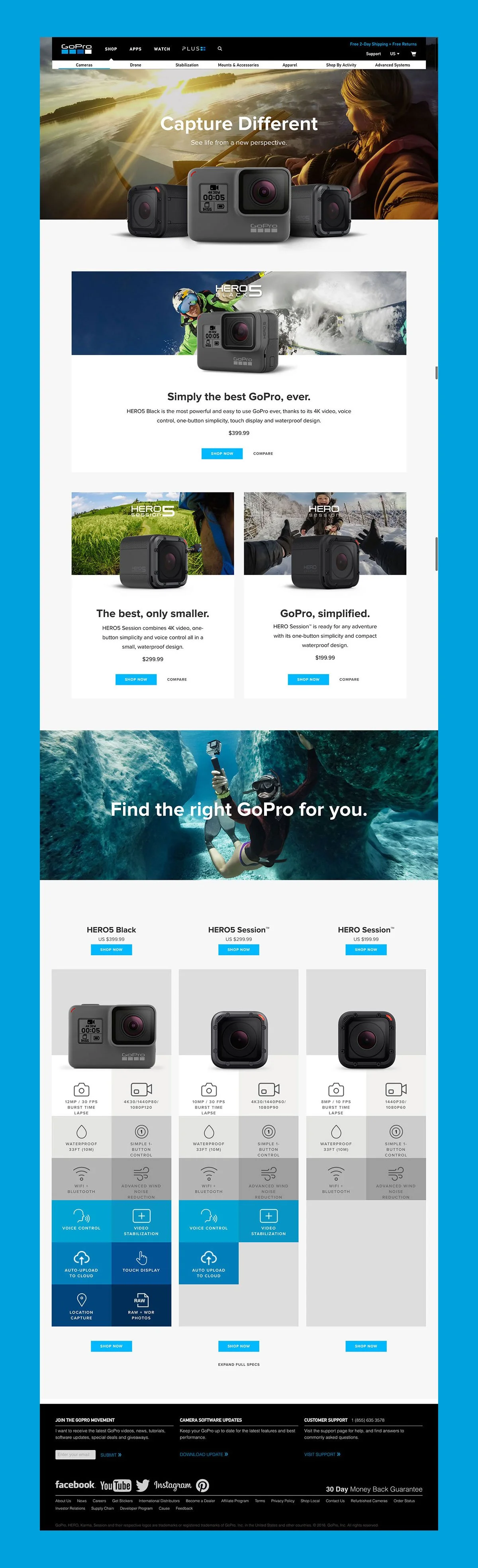 A webpage advertising GoPro action cameras with images of various models, features, and usage scenarios, including surfing, skiing, and underwater photography.