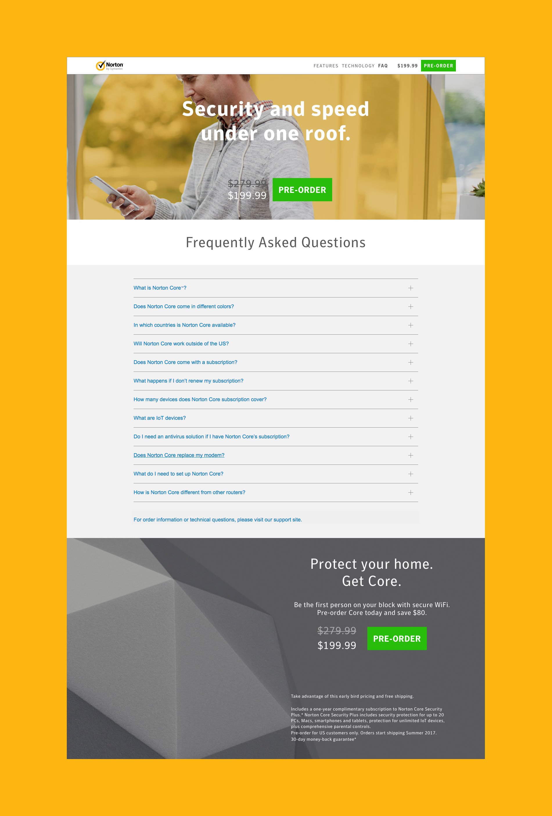 A webpage advertisement for Norton security software, featuring a man looking at his phone, with pricing and pre-order information, and FAQs about the product.