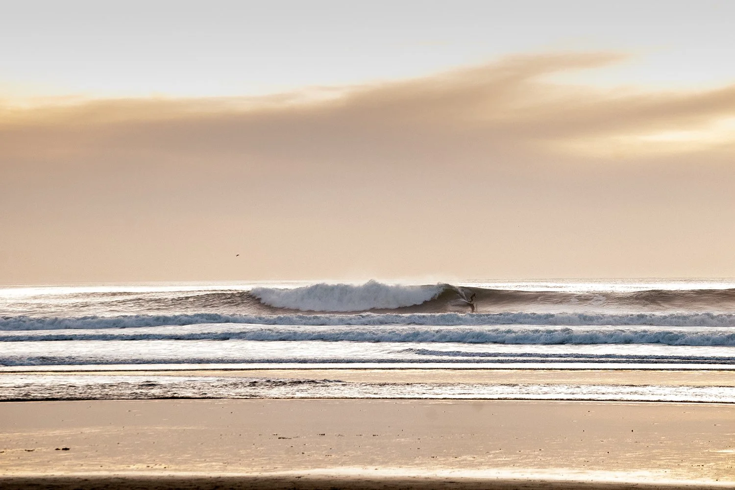 A surfer riding a wave at the beach during sunset, with soft light reflecting off the water and a cloudy sky overhead.