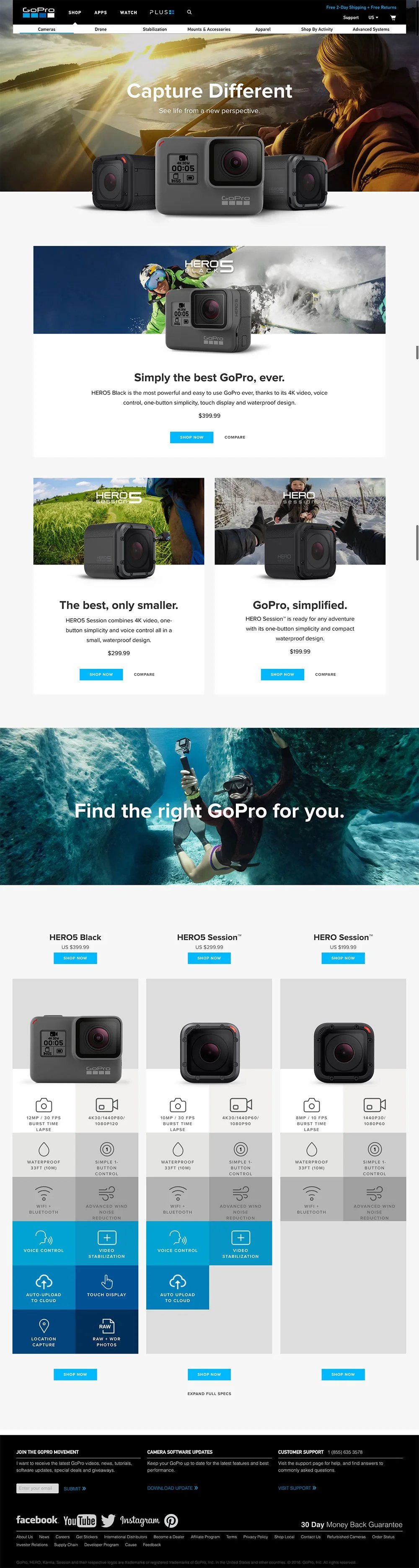 A webpage featuring GoPro cameras. The top section shows a woman taking a photo on a boat at sunset. Below, several GoPro models are displayed. The page highlights features like waterproof design and 4K video. There are sections with images of people using GoPro cameras during skiing, diving, and other activities, accompanied by descriptions and purchase options.