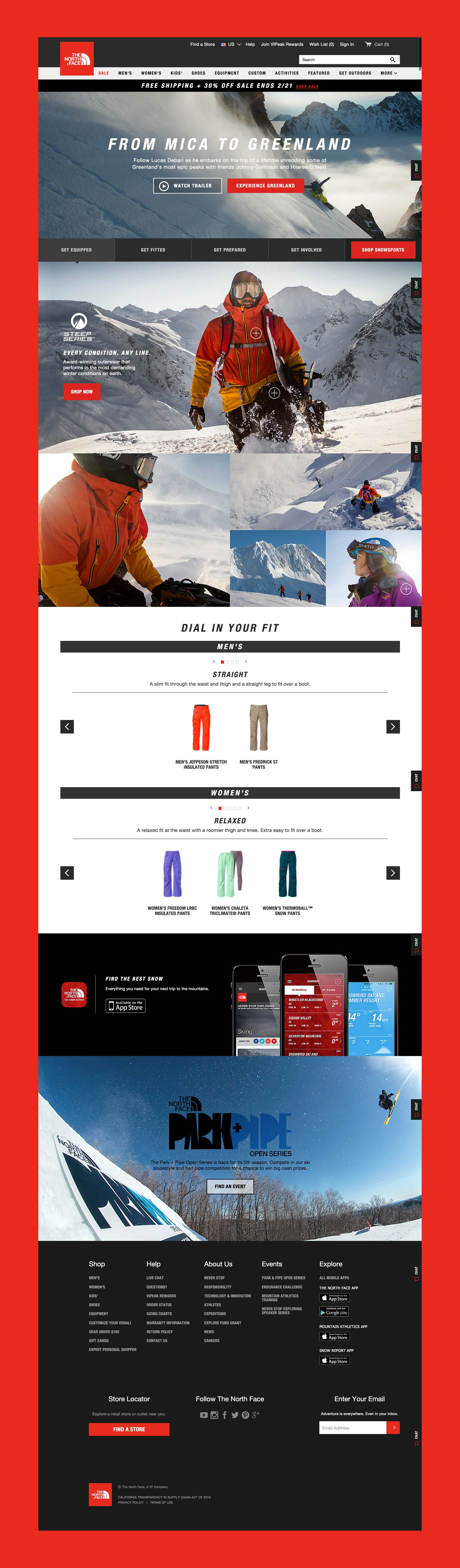 A webpage for The North Face featuring winter sports apparel and gear, with images of skiers and snowboarders on snowy mountains, promotional sections, and navigation menus.