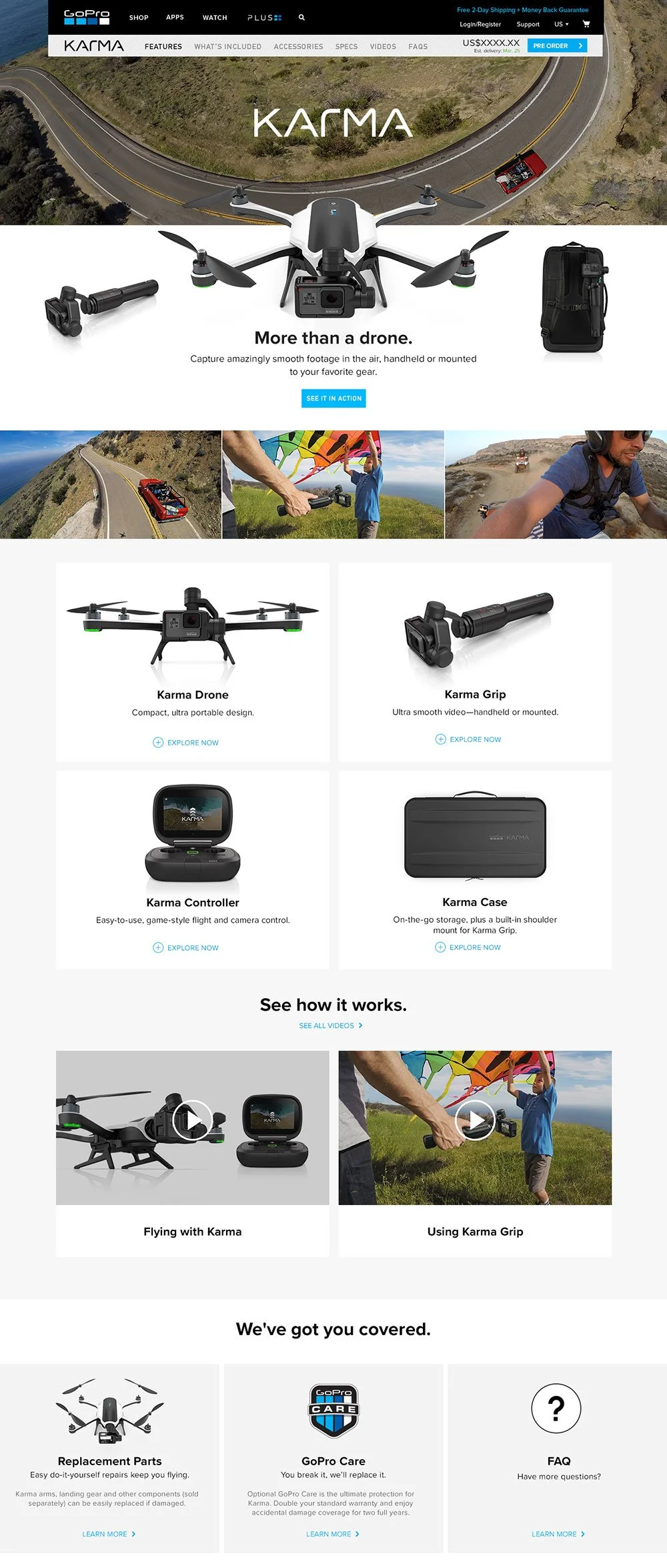 Website homepage featuring GoPro Karma drone, accessories including Karma Grip, controller, and case, with images of the drone flying and being used outdoors.