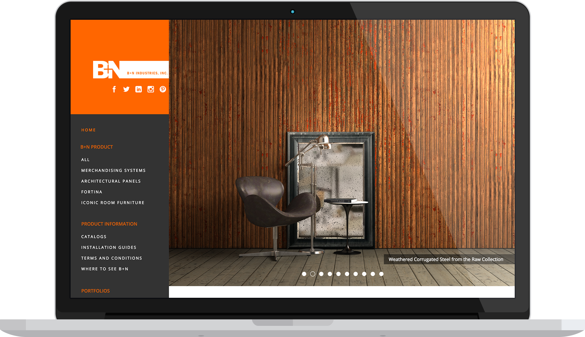 Screenshot of a website homepage for B+N Industries, Inc., featuring a navigation menu on the left and a large image of weathered corrugated steel from the Raw Collection, with a modern black chair, a small side table, and a framed metal panel in fro