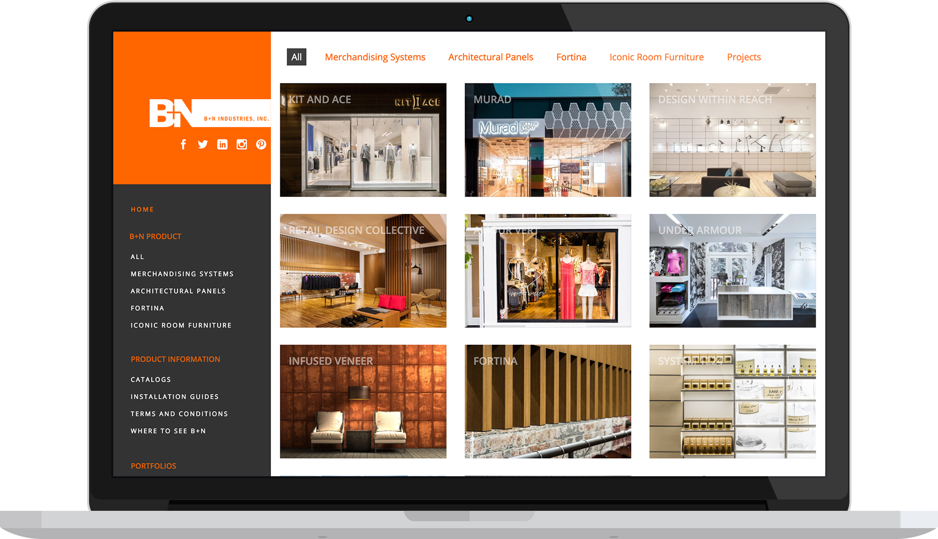 A computer screen displaying a website for B+N Industries, Inc., with categories for various interior design and retail projects, including images of store interiors, furniture, and design collections.