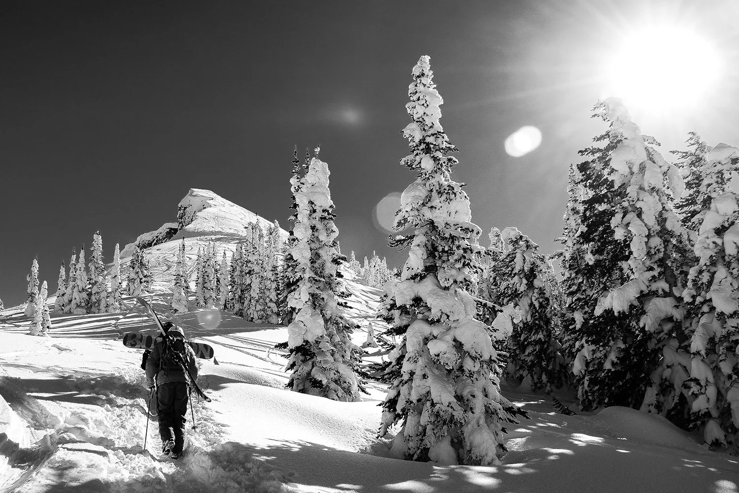 A person hiking through a snow-covered mountain landscape with tall, snow-laden evergreen trees and a mountain peak in the background, under bright sunlight.