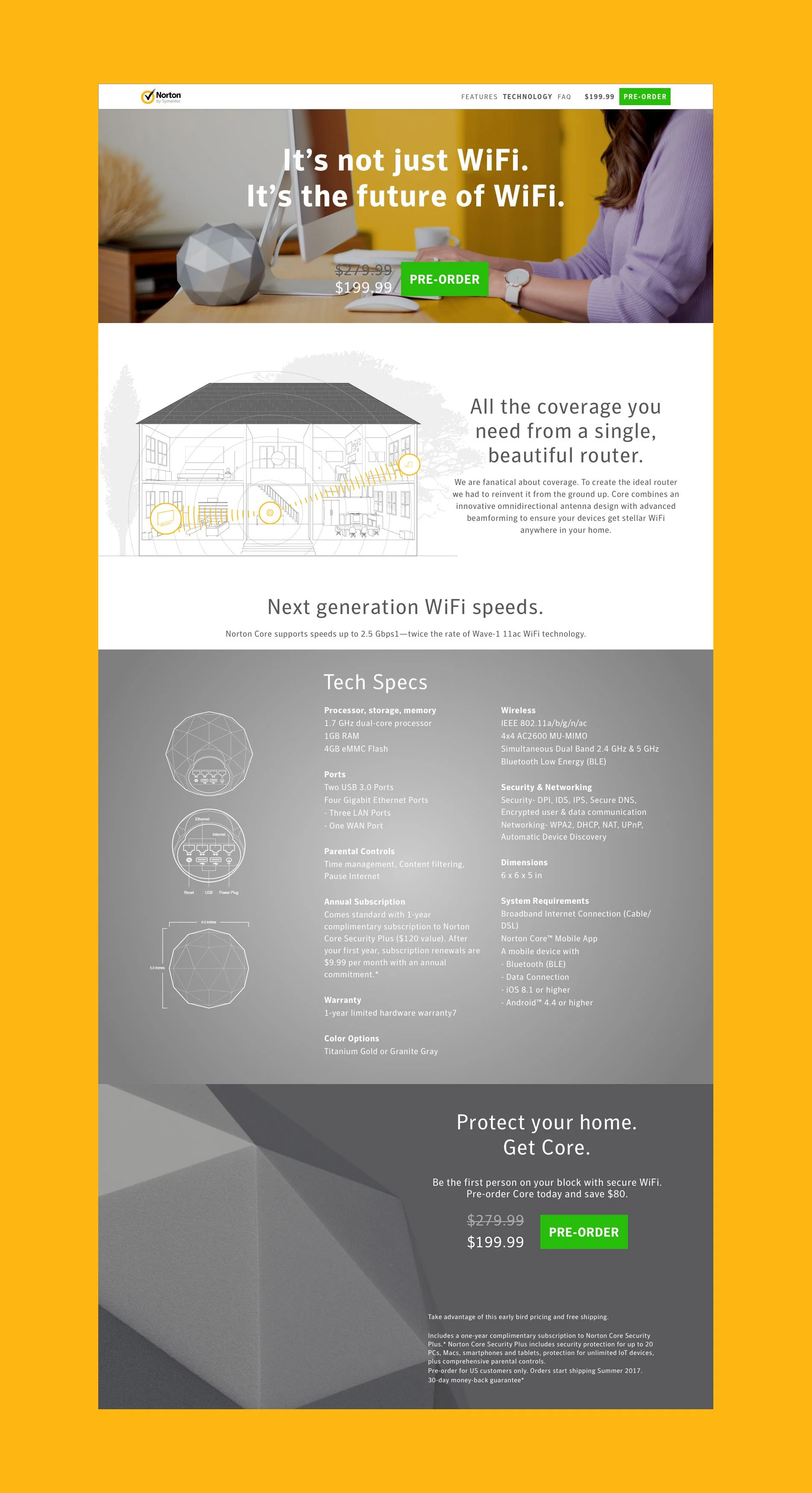 A webpage advertisement for Norton WiFi security device, showcasing features, technical specifications, and pricing, with green 'Pre-Order' buttons.