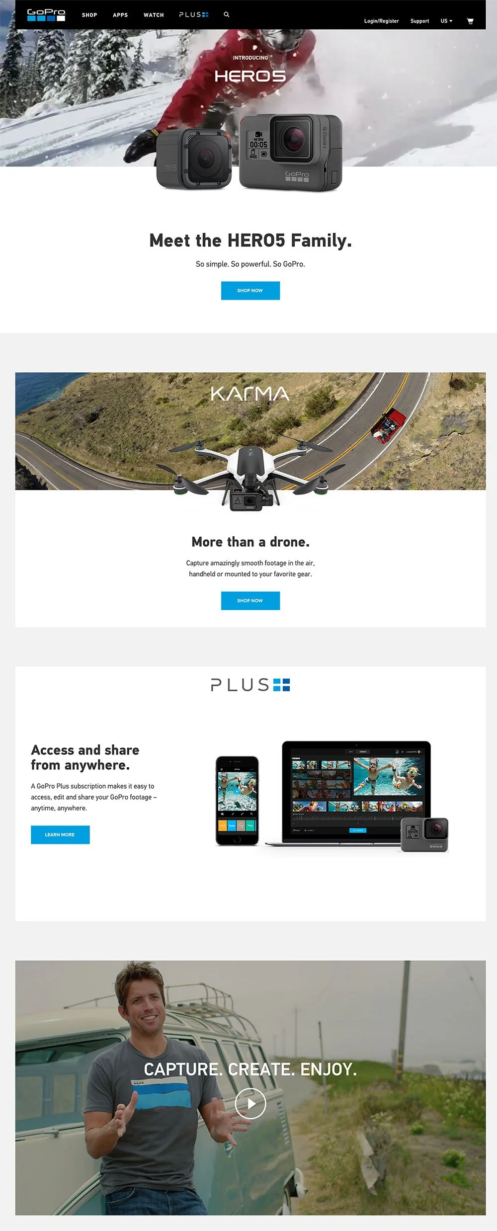 Website page featuring GoPro products, including HERO5 cameras and a drone, with sections promoting their features, sharing capabilities, and a person outdoors with the caption "Capture. Create. Enjoy.".