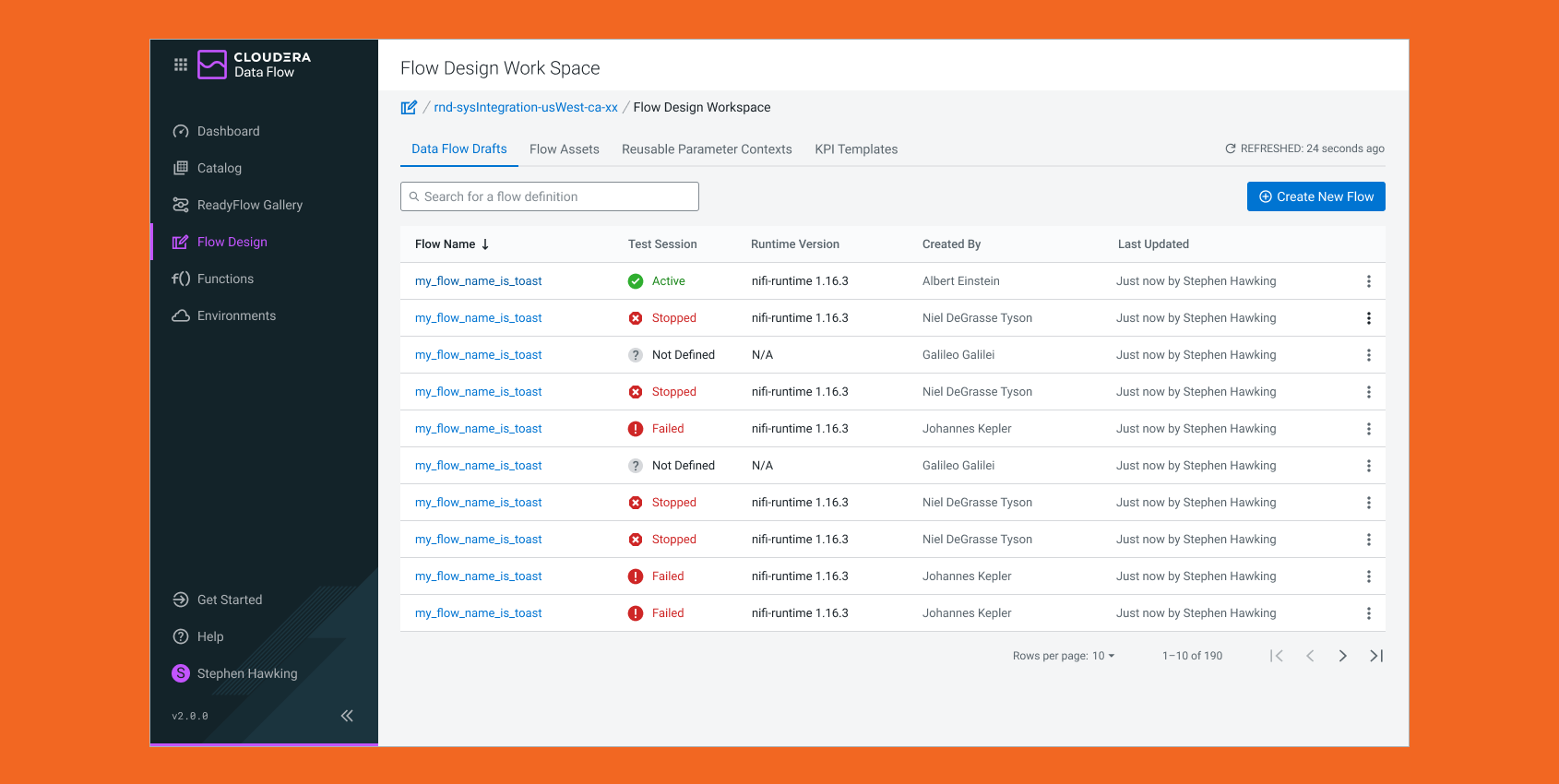 Screenshot of CloudERA Data Flow workspace displaying a list of flow drafts with statuses such as Active, Stopped, Failed, and Not Defined. The interface includes navigation on the left, options to create new flows, and details about the flows such a