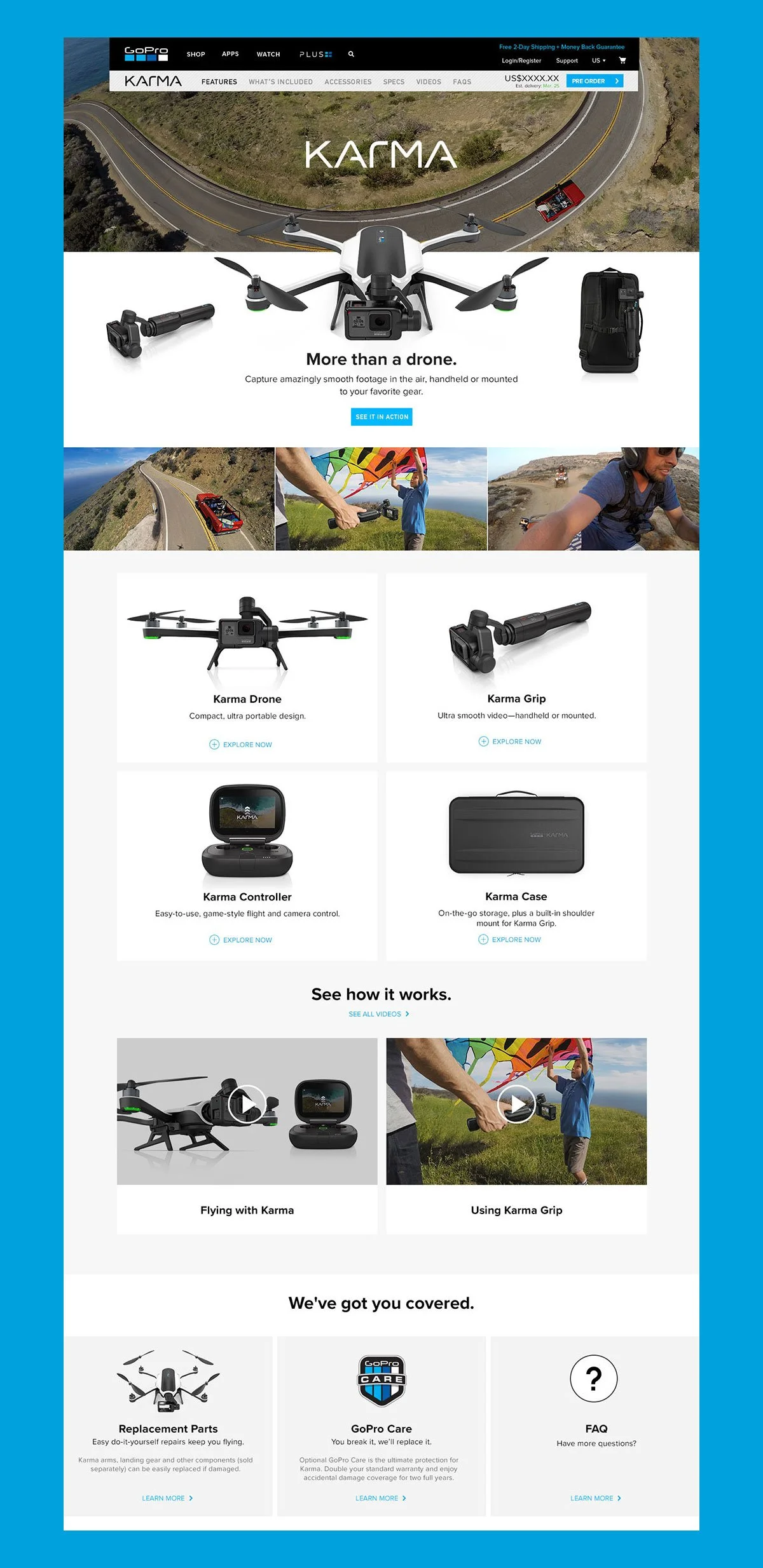 Screenshot of a webpage advertising the Karma drone from GoPro, showing the drone and accessories such as a camera, grip, controller, and case, with images of people using the drone outdoors.