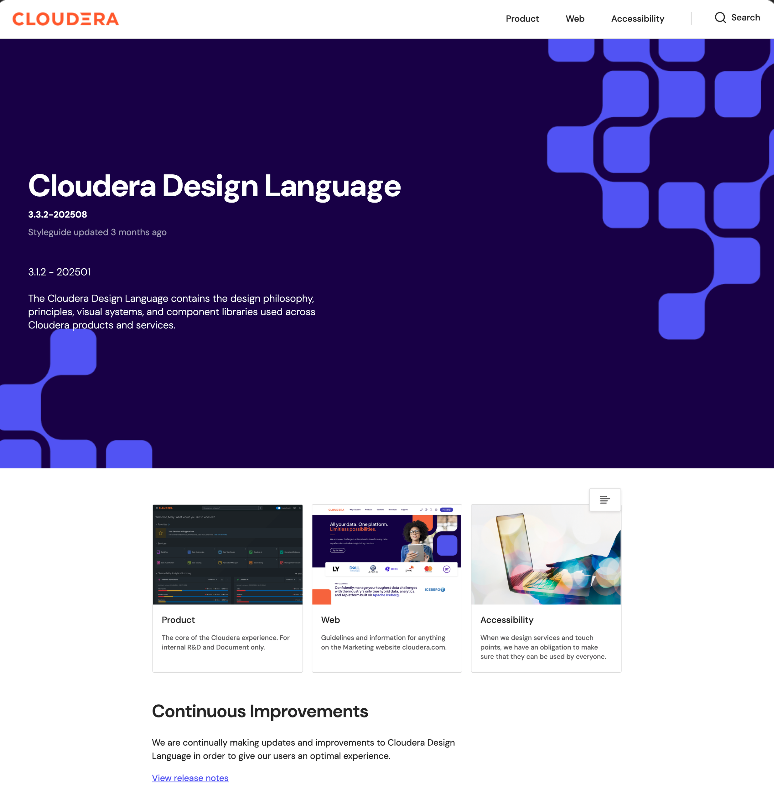 Screenshot of Cloudera Design Language web page with navigation menu and three sections: Product, Web, and Accessibility, featuring images and descriptions.