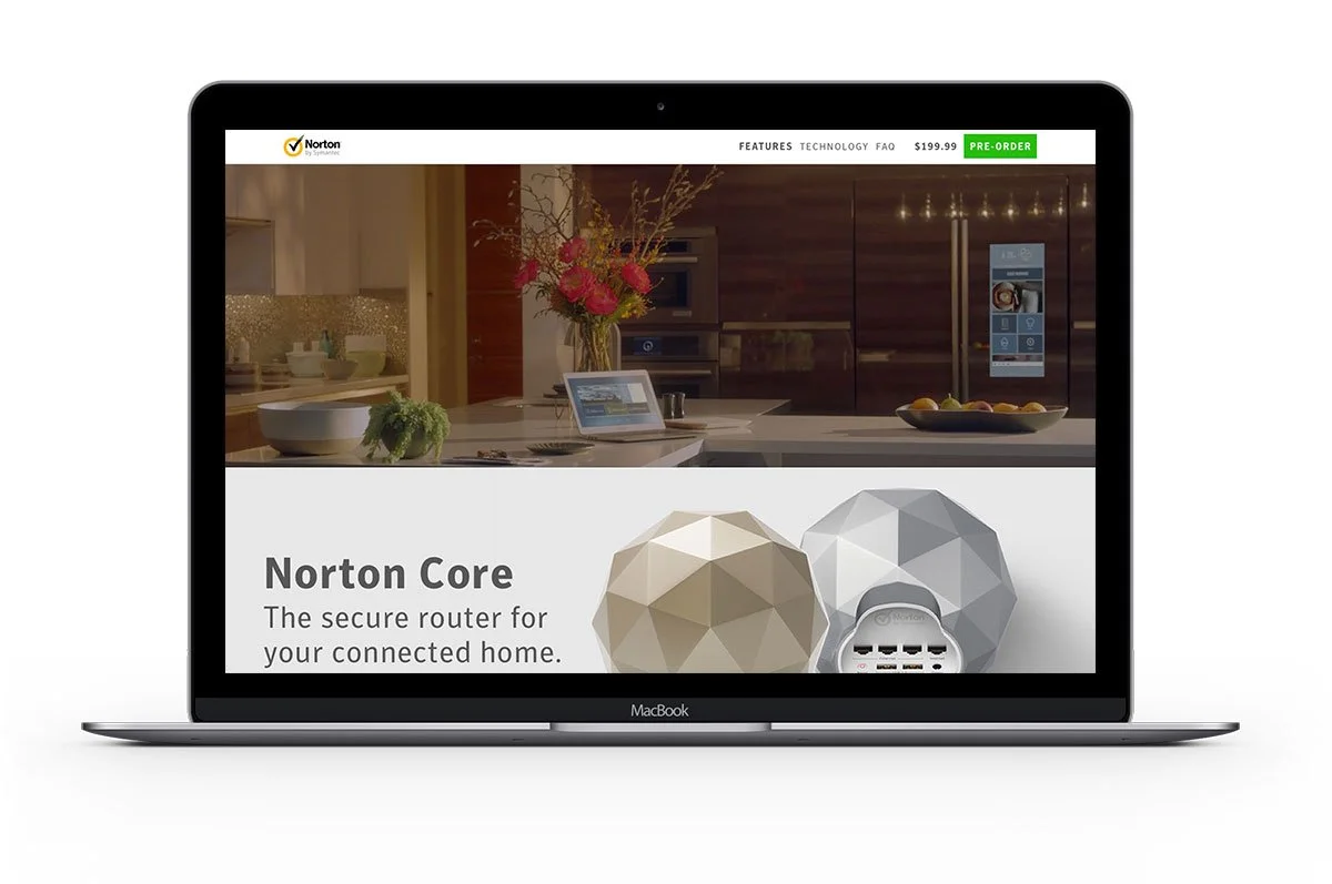 Screenshot of a MacBook displaying a webpage for Norton Core, a secure router for connected homes, with images of the router and a modern kitchen in the background.