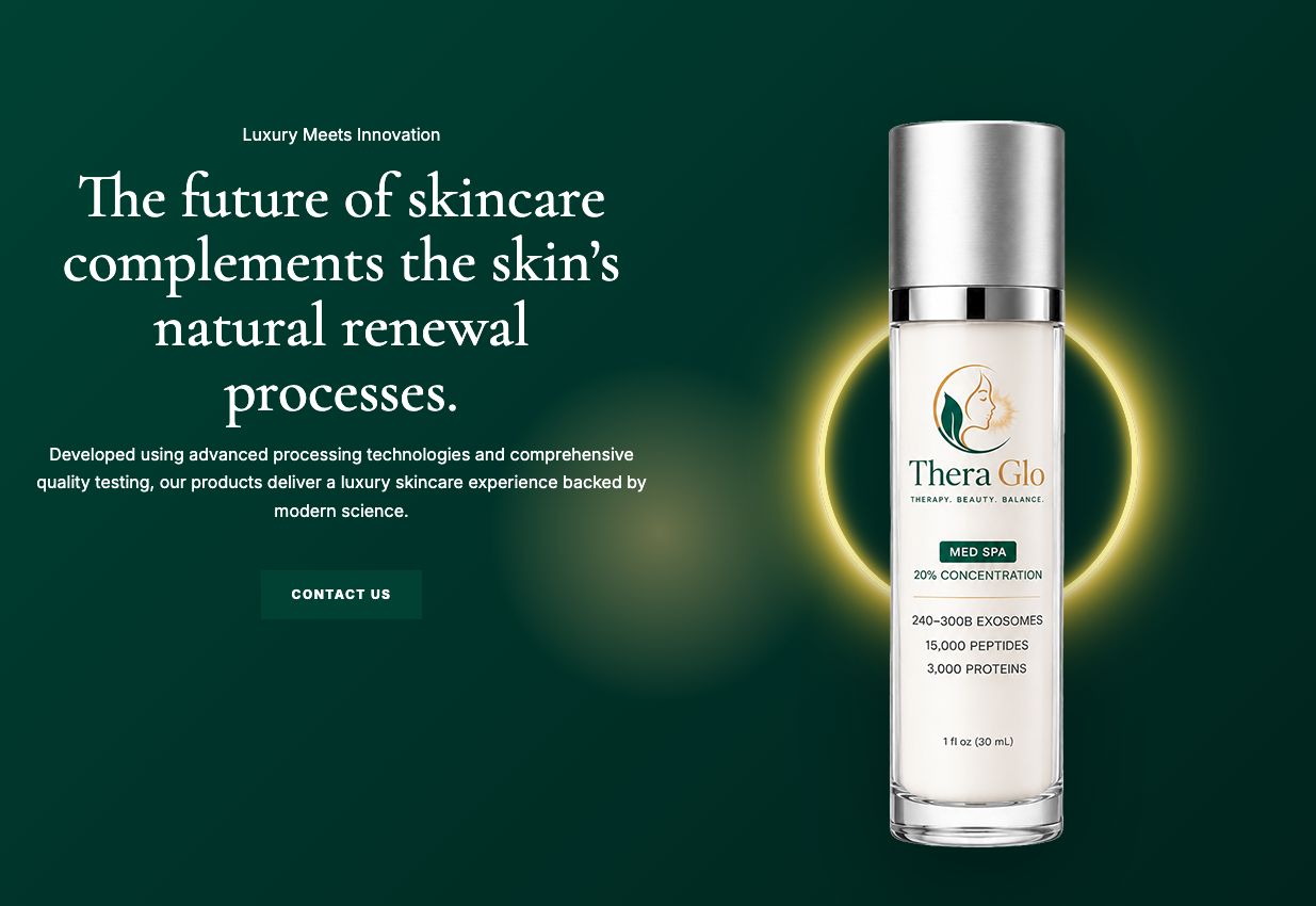 A skincare product advertisement featuring a tall, clear bottle with a silver cap, labeled 'Thera Glo' with a woman’s profile logo, on a dark green background with glowing yellow circle around the bottle, and white text describing the product as a lu