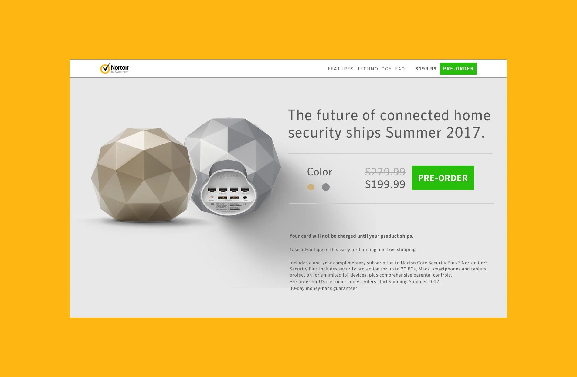 A promotional webpage for a connected home security device by Norton, featuring the device's design, pricing, and preorder information. The page highlights early bird pricing, free shipping, and included security software.