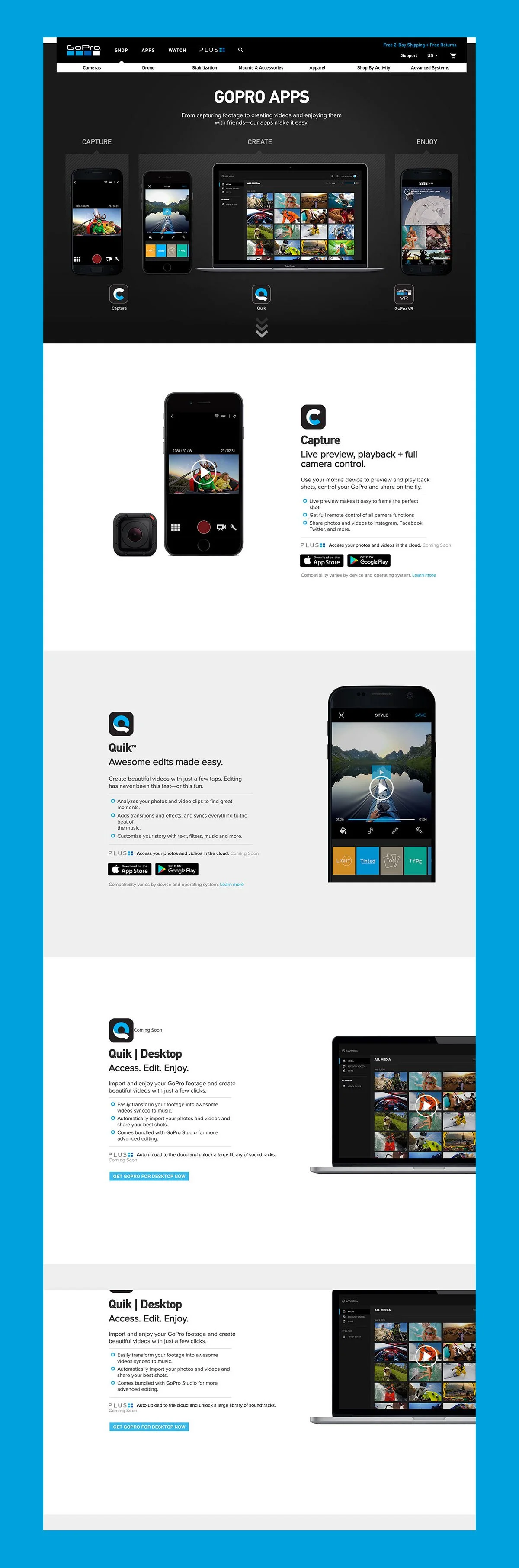 GoPro website showcasing GoPro apps for capturing, editing, and enjoying footage on mobile devices and desktop, featuring app icons and screenshots.