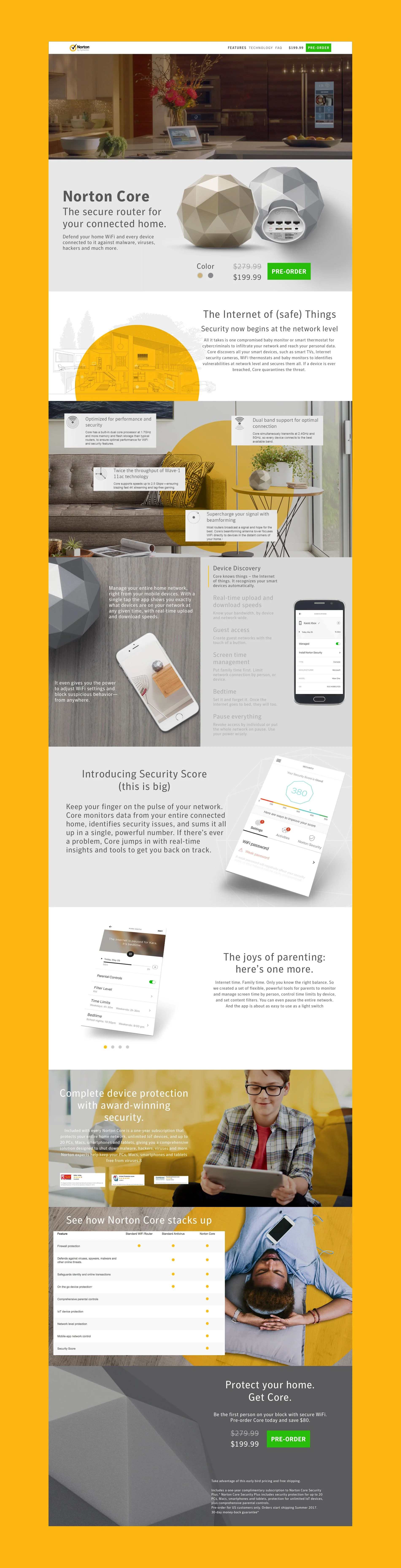 An online webpage advertisement for Norton Core, a secure Wi-Fi router for connected homes. The page features images of the router, product specifications, security features, and a pre-order option.
