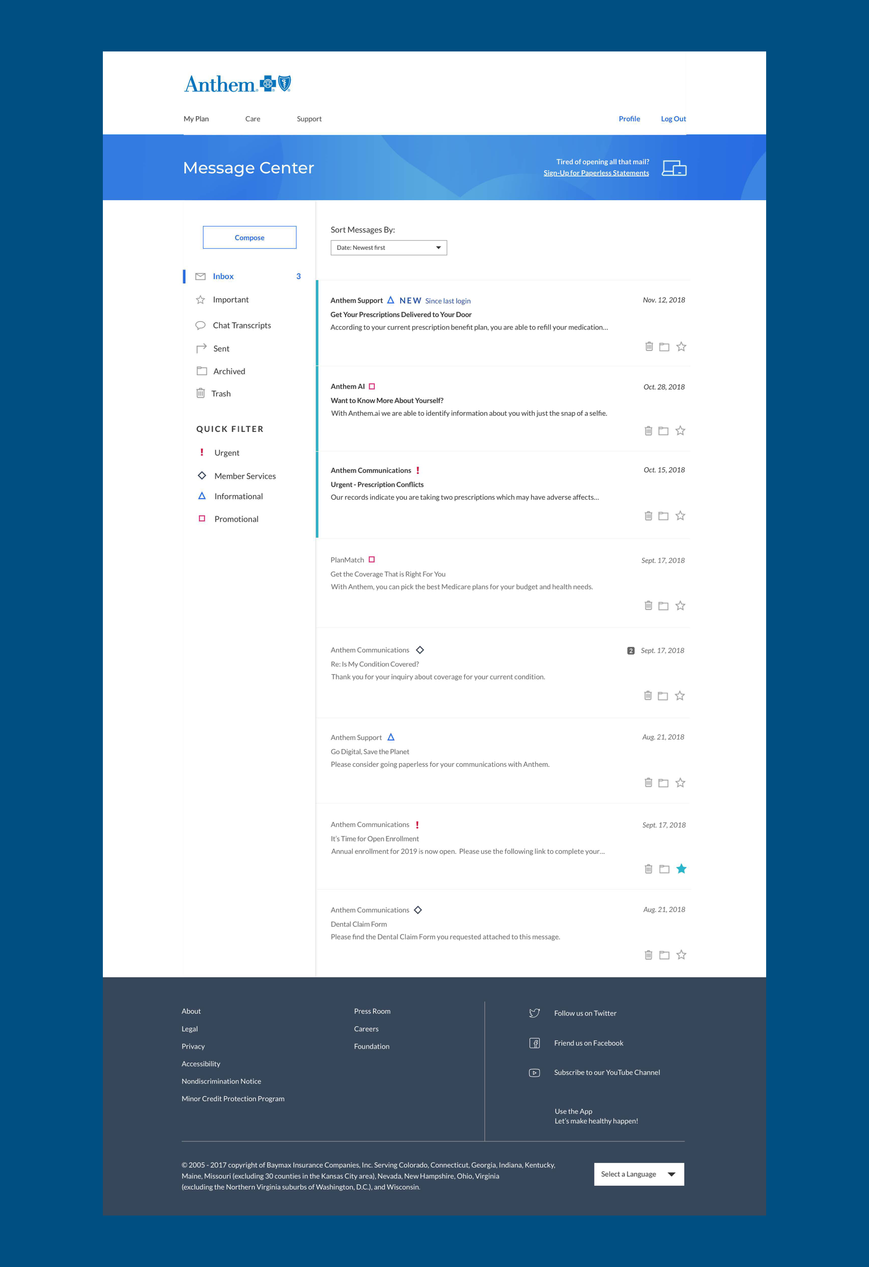 Screenshot of an online health insurance message center from Anthem, showing various messages, folders, and filters, with navigation menus and a footer with links and legal information.