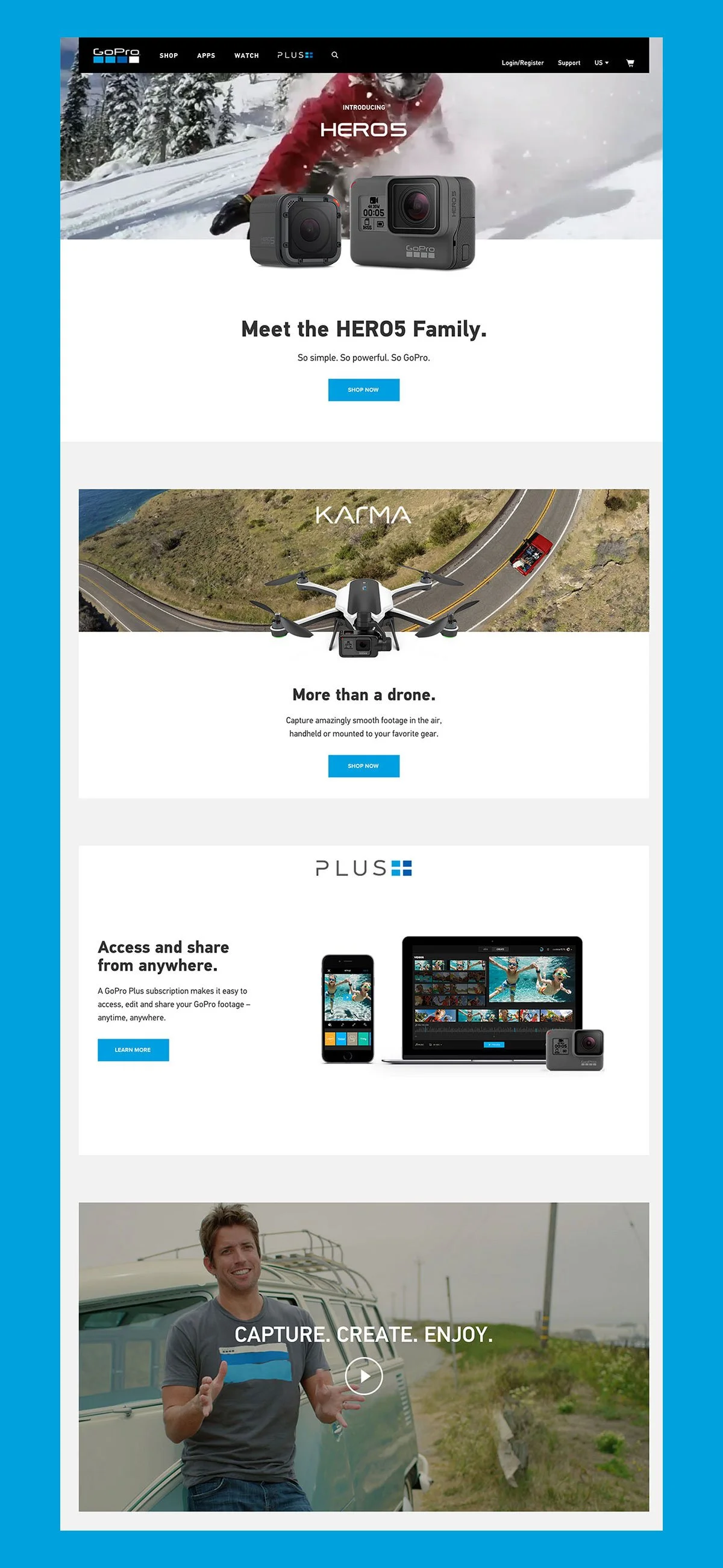 Screenshot of a GoPro website showcasing their HERO5 camera, a drone, a GoPro Plus subscription service, and a person smiling outdoors with a vehicle in the background.