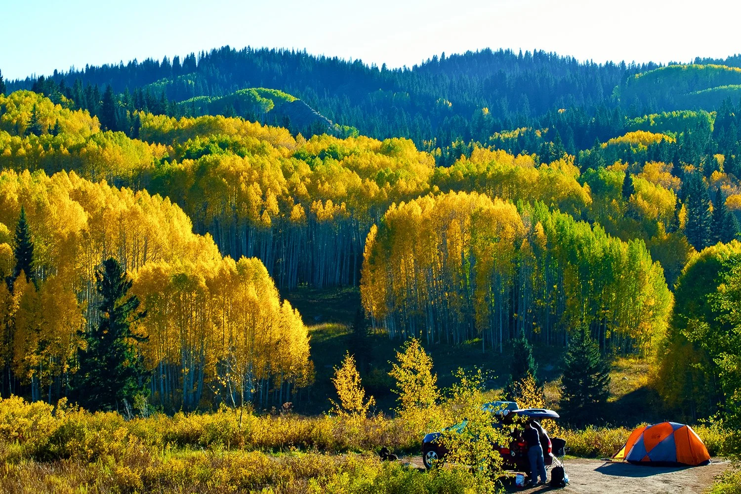 Campground in a forested mountain landscape with yellow and green trees, a parked car, and a person setting up camping gear next to an orange tent.