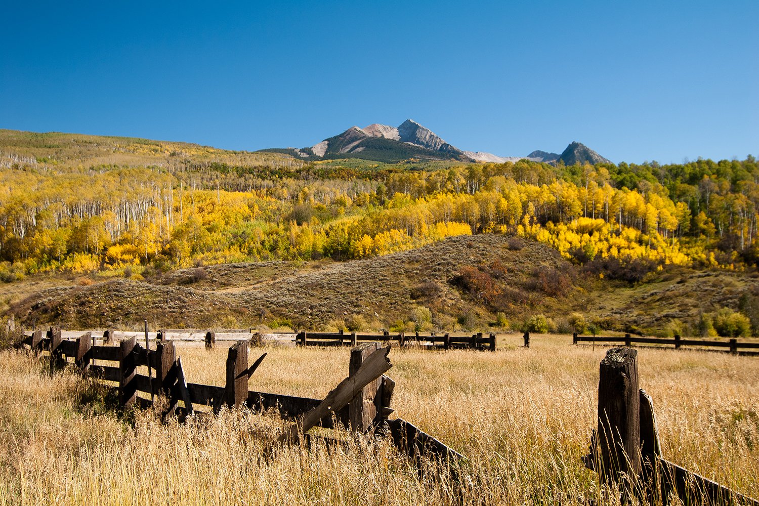 Scenic landscape of a grassy field with a weathered wooden fence, rolling hills covered with trees in autumn colors, and mountains in the background under a clear blue sky.