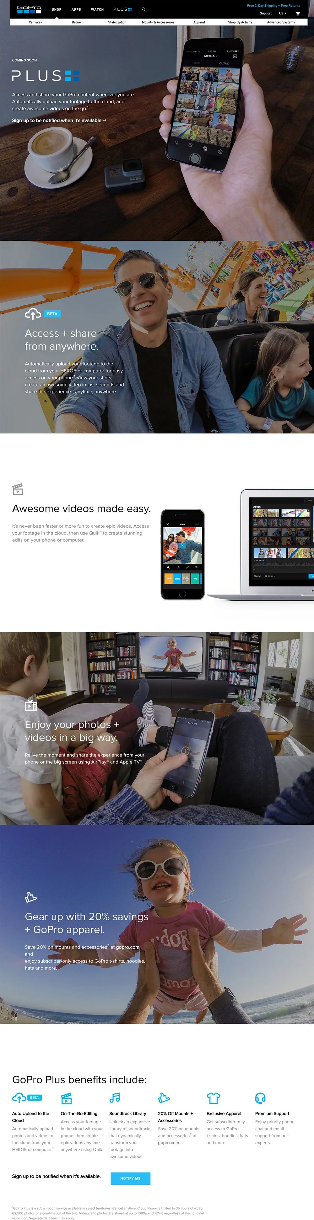 Collection of promotional images showcasing GoPro's features: using a smartphone to share footage, enjoying rides at an amusement park, editing videos on a laptop, watching videos on TV, and outdoors with a child wearing sunglasses and a pink shirt.