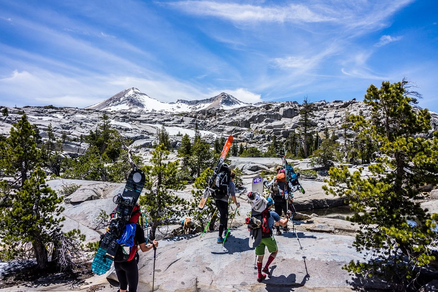 A group of hikers with backpacks and trekking poles in a mountainous area with snow-capped peaks, green trees, and clear blue skies.