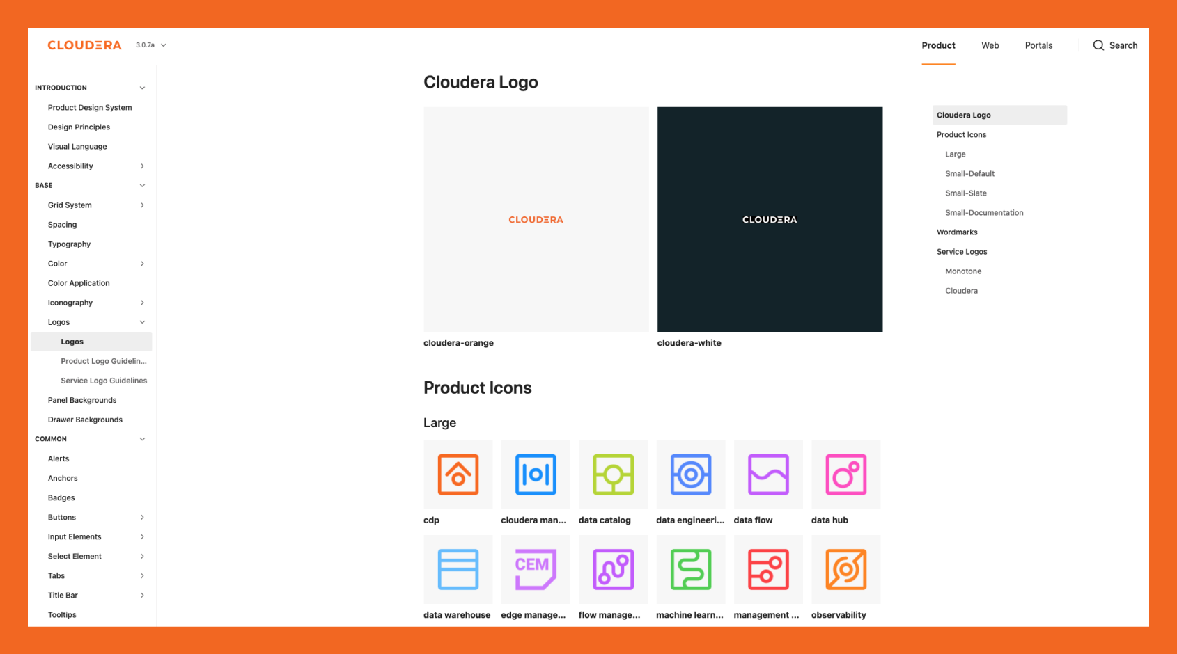 Screenshot of a webpage showing branding and logo guidelines for Cloudera, including logo color variations, icon styles, and product icons.
