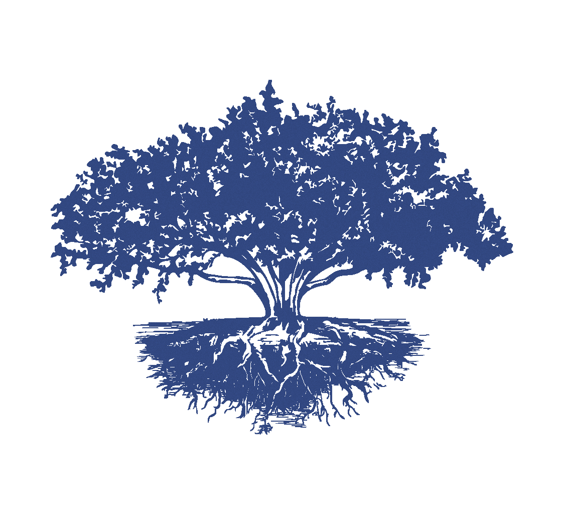 A stylized illustration of a fig tree with branches and roots, in blue color, with the tree's roots shown below on a black background.