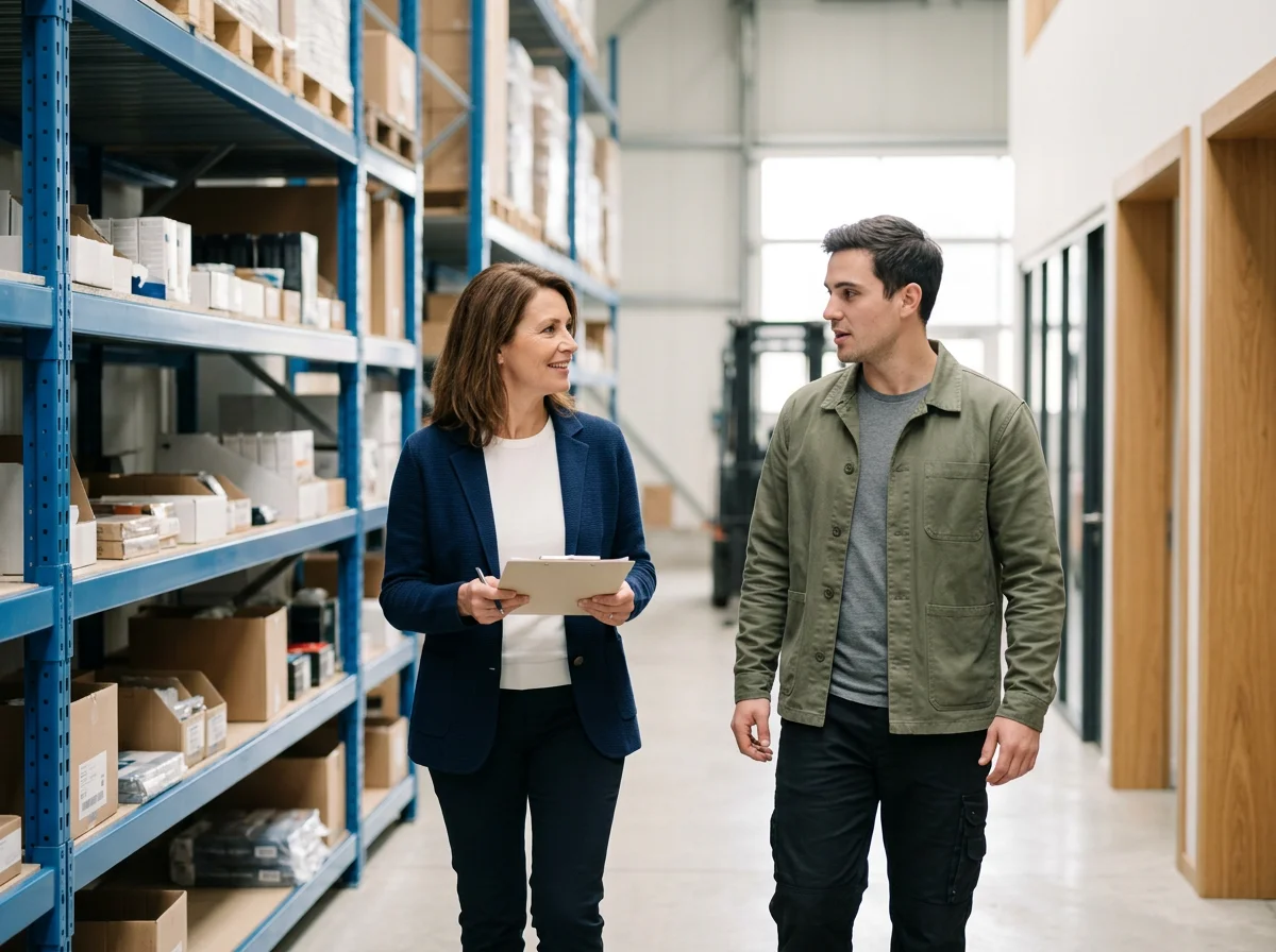 A woman and a man talking inside a warehouse, surrounded by shelves filled with boxes and items.