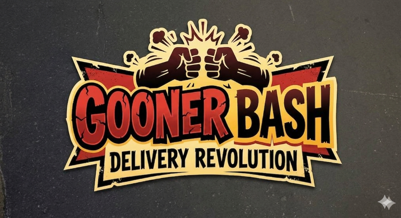 Logo for Gooner Bash, Delivery Revolution, featuring two raised fists with smoke and explosions, in red, black, and yellow colors.