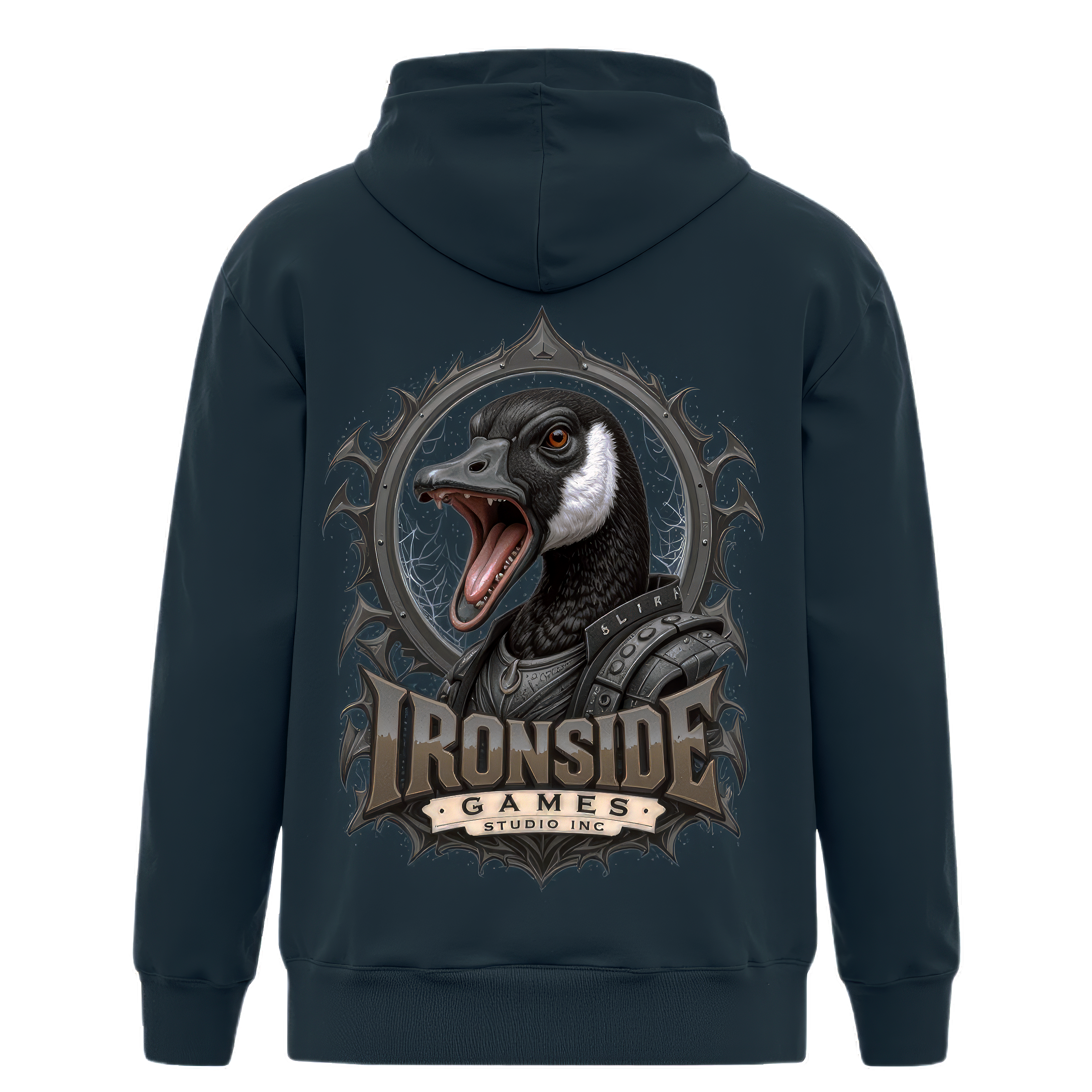 Back view of a dark blue hoodie with a graphic of a dog's head inside a circular emblem on the front. The emblem features the words "GAMES," "STUDIO INC," and other text.