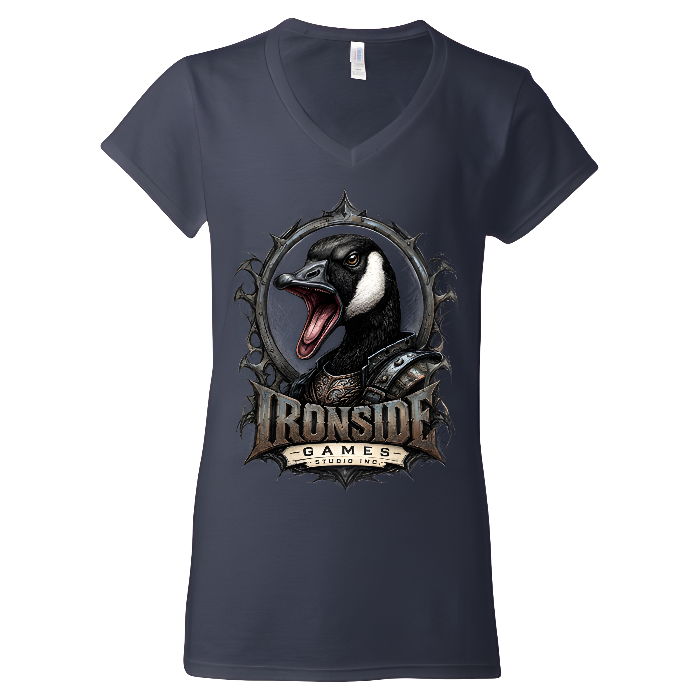 Ironside Games Studio Inc. Official Logo Tee (Angry Cobra Chicken V 1) Women's Navy V-neck