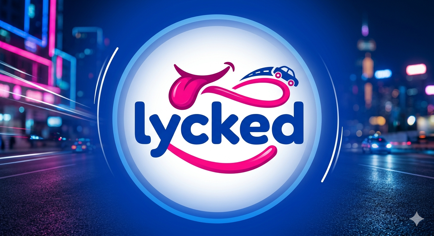 City street at night with neon lights and cars; central logo with the word 'lyked' in blue, featuring cartoonish tongue, arrow, and car graphics, surrounded by a glowing circle.