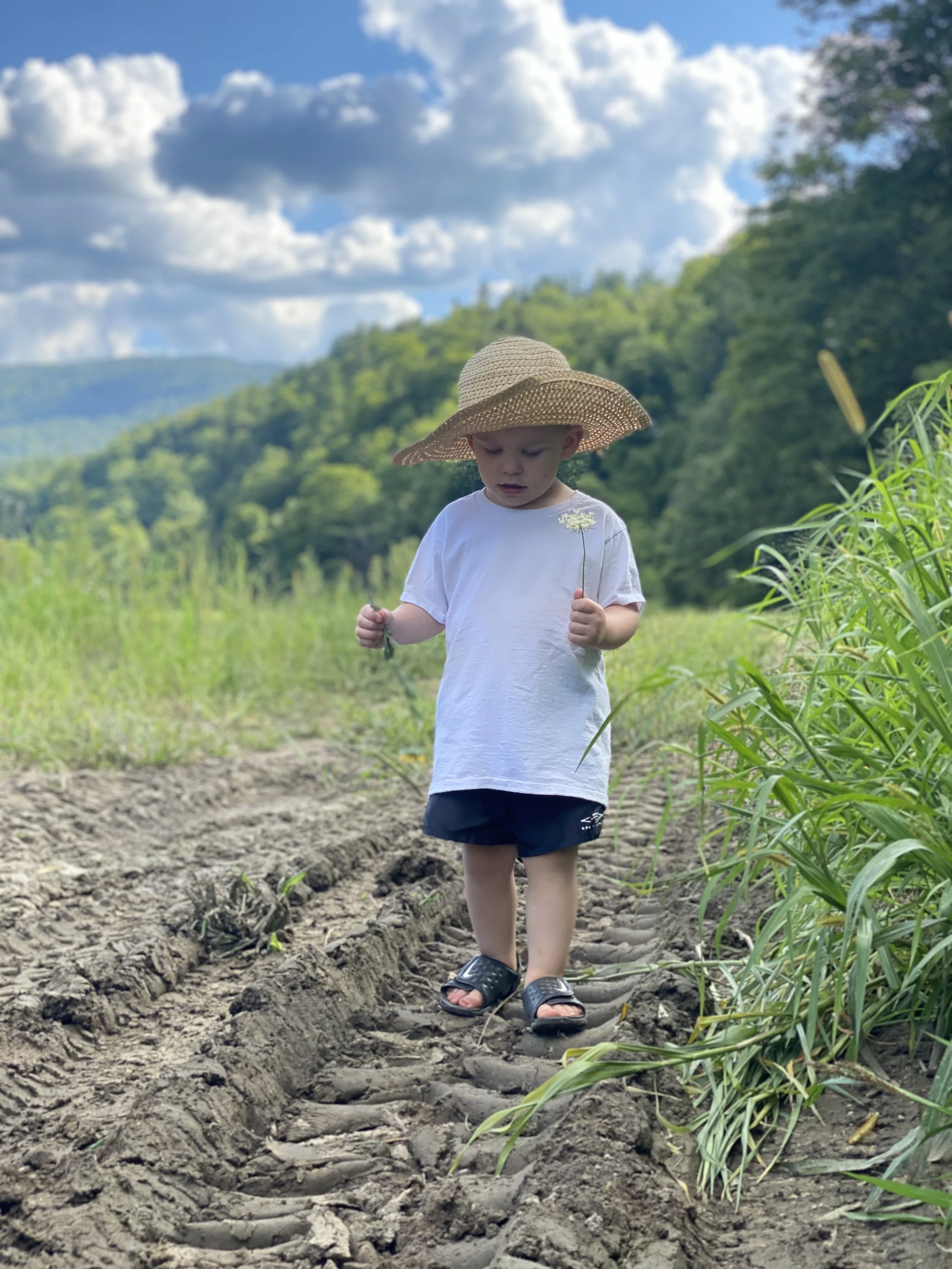 A young child wearing a straw hat, white t-shirt, and sandals walking outdoors on rough, tilled terrain near green grass and bushes, with lush green hills and a partly cloudy blue sky in the background.