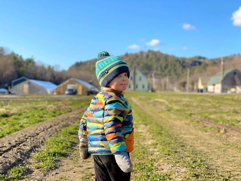 A young child wearing a colorful jacket and a knit hat standing in a farm field with houses and hills in the background on a sunny day.