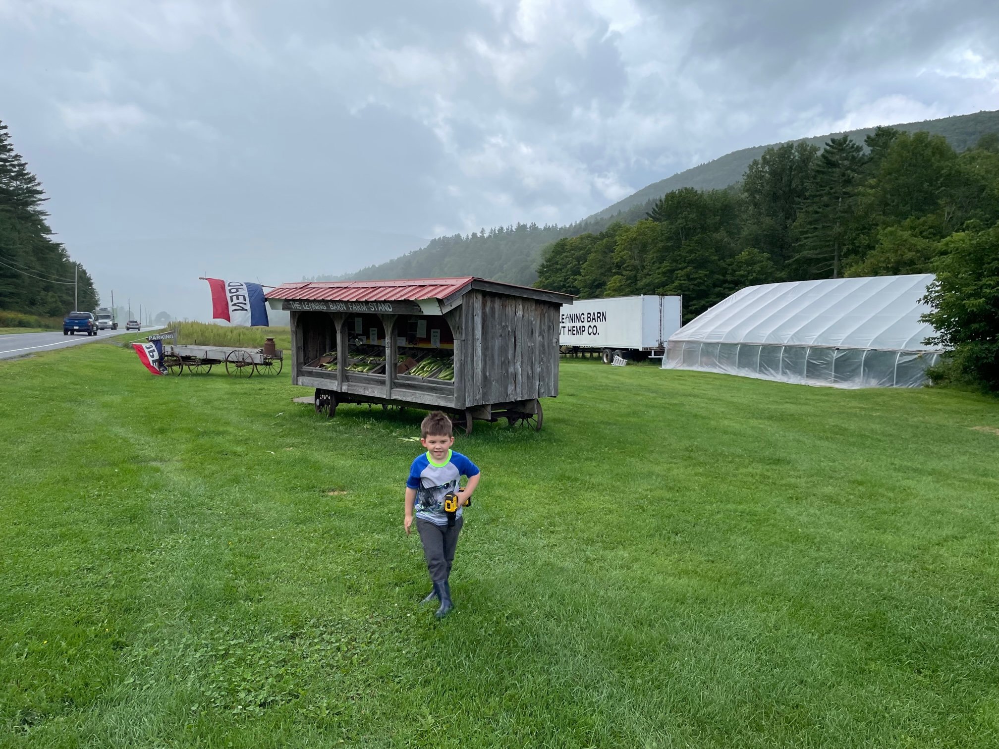 A young boy with a toy in his hand walking on grass in front of a farm stand and greenhouses, with trees, mountains, and cloudy sky in the background.