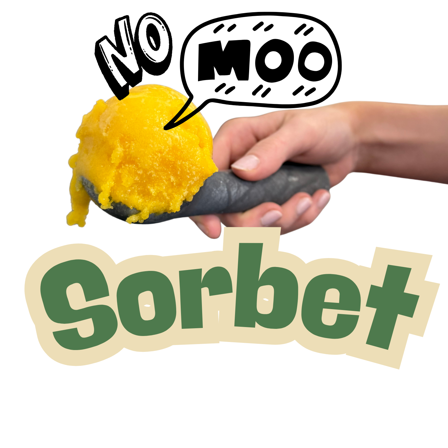 Person holding a black spoon with bright yellow sorbet and a small black words that say NO MOO, with the word 'sorbet' in large green letters below.