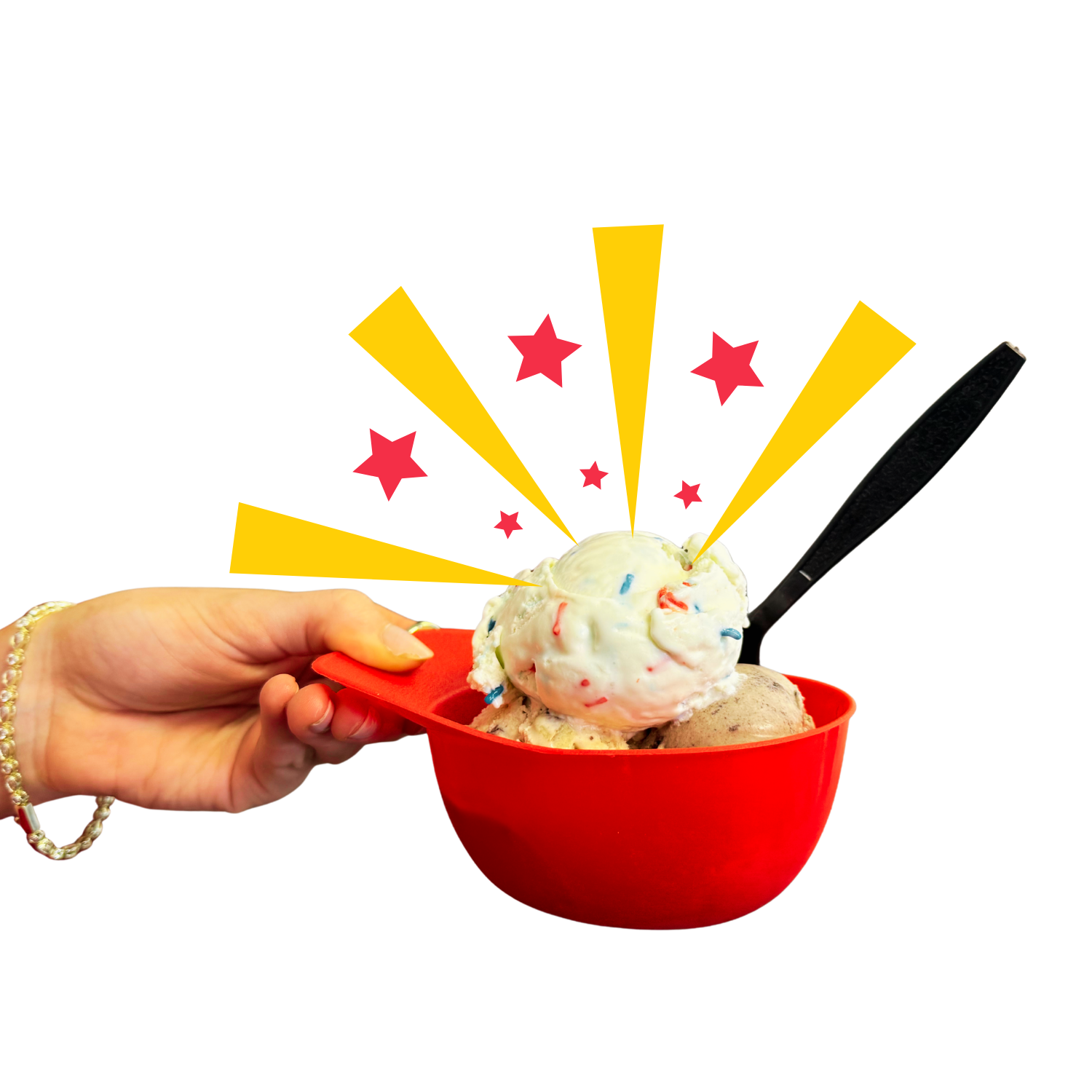 Hand holding a red bowl of ice cream with colorful sprinkles and a black spoon against a black background.