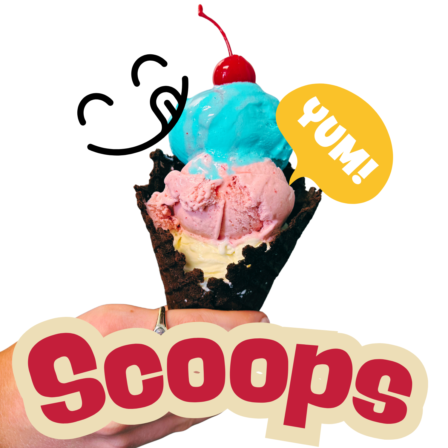 An ice cream cone with three scoops of pink, blue, and white ice cream topped with a cherry. The cone is held by a hand with a ring, and there is a speech bubble with the word 'YUM!' and a partial part of a sign with the word 'scoops' at the bottom.