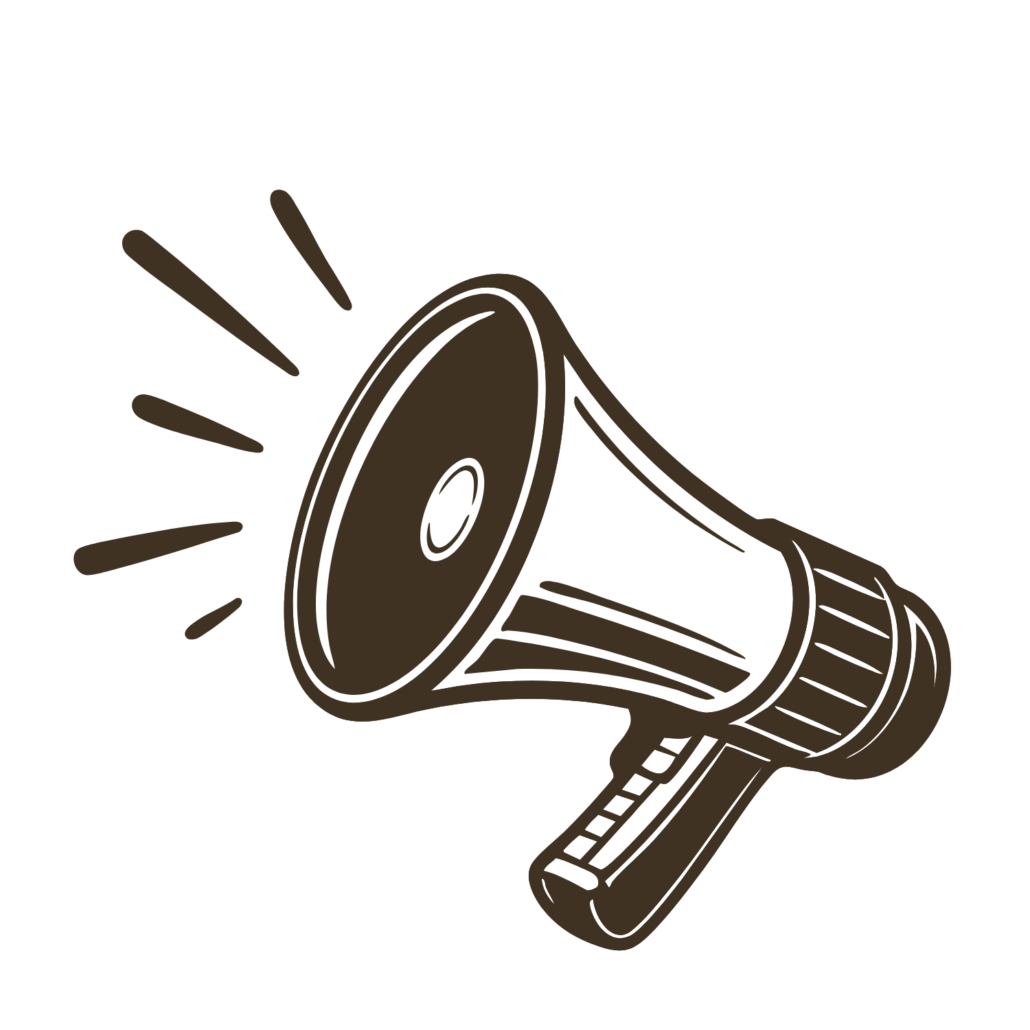 A black and white illustration of a megaphone emitting sound lines, with a design that resembles a clenched fist.