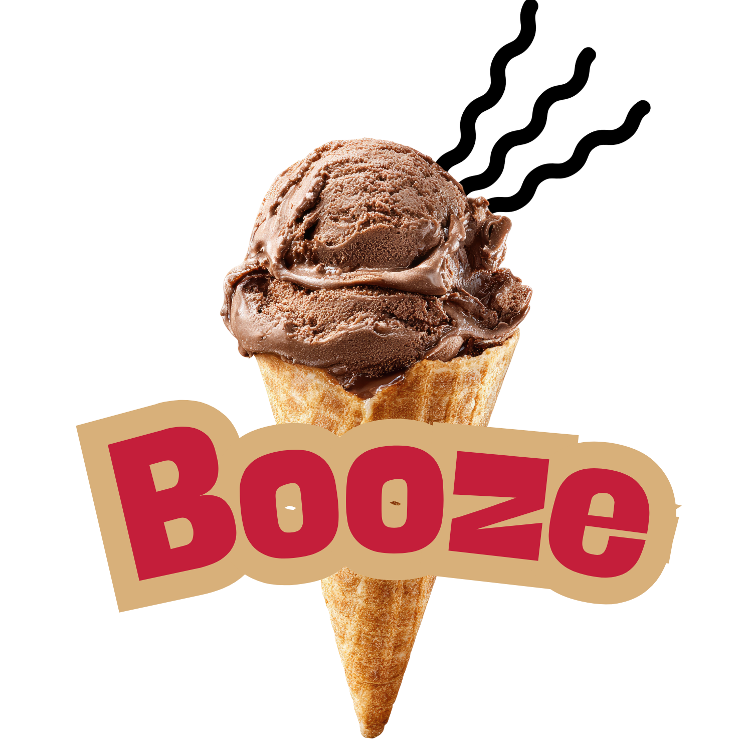 A close-up of a chocolate ice cream cone with a waffle cone and a sign that says 'BOOZE' in bold red letters.