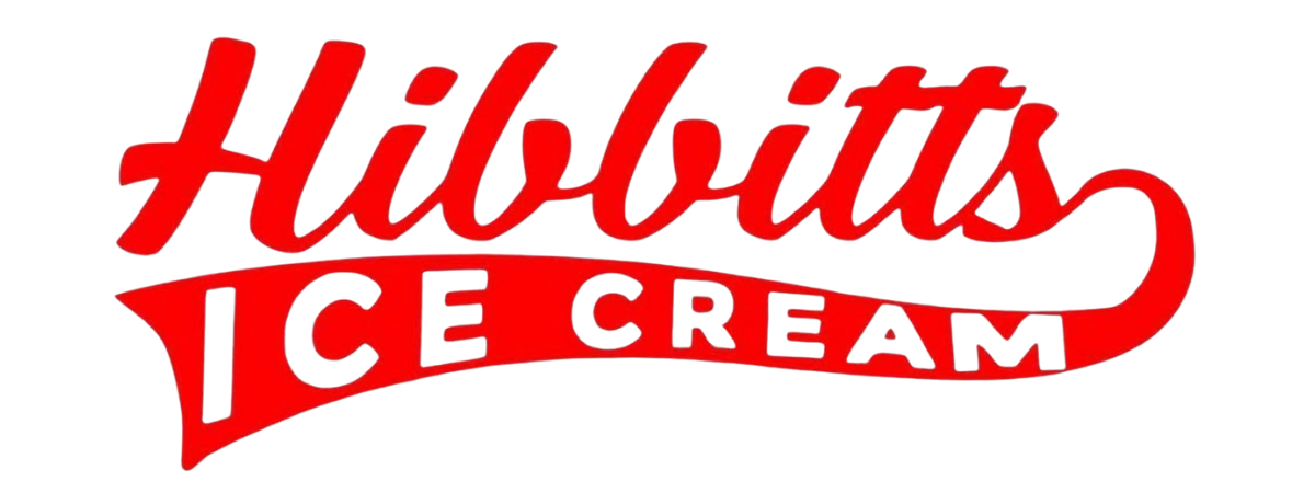 Red logo for Hibbitts Ice Cream with stylized cursive font and a swoosh underline.