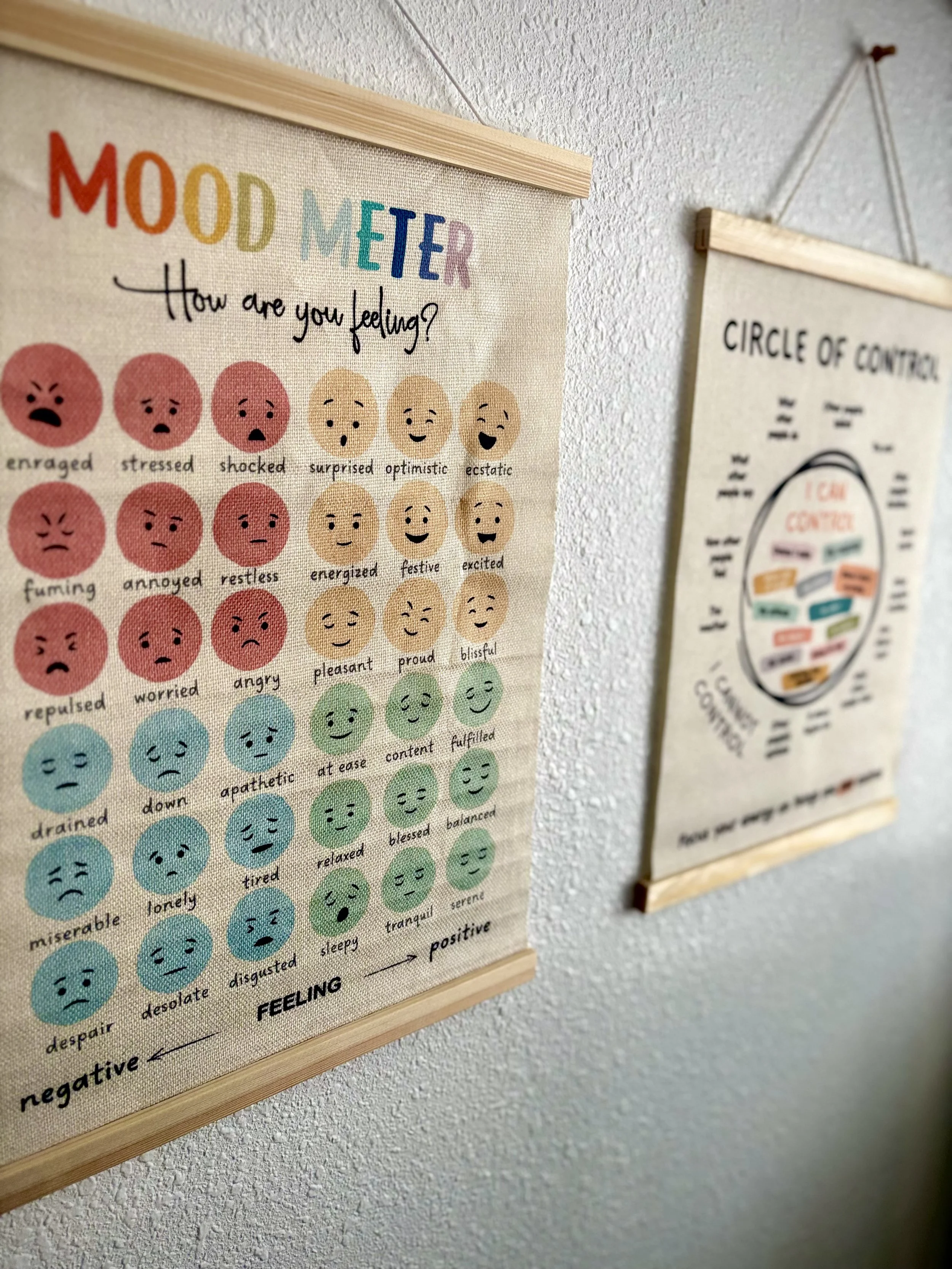 Colorful mood meter poster on a wall with faces showing different emotions and their descriptions, next to a circle of control chart.